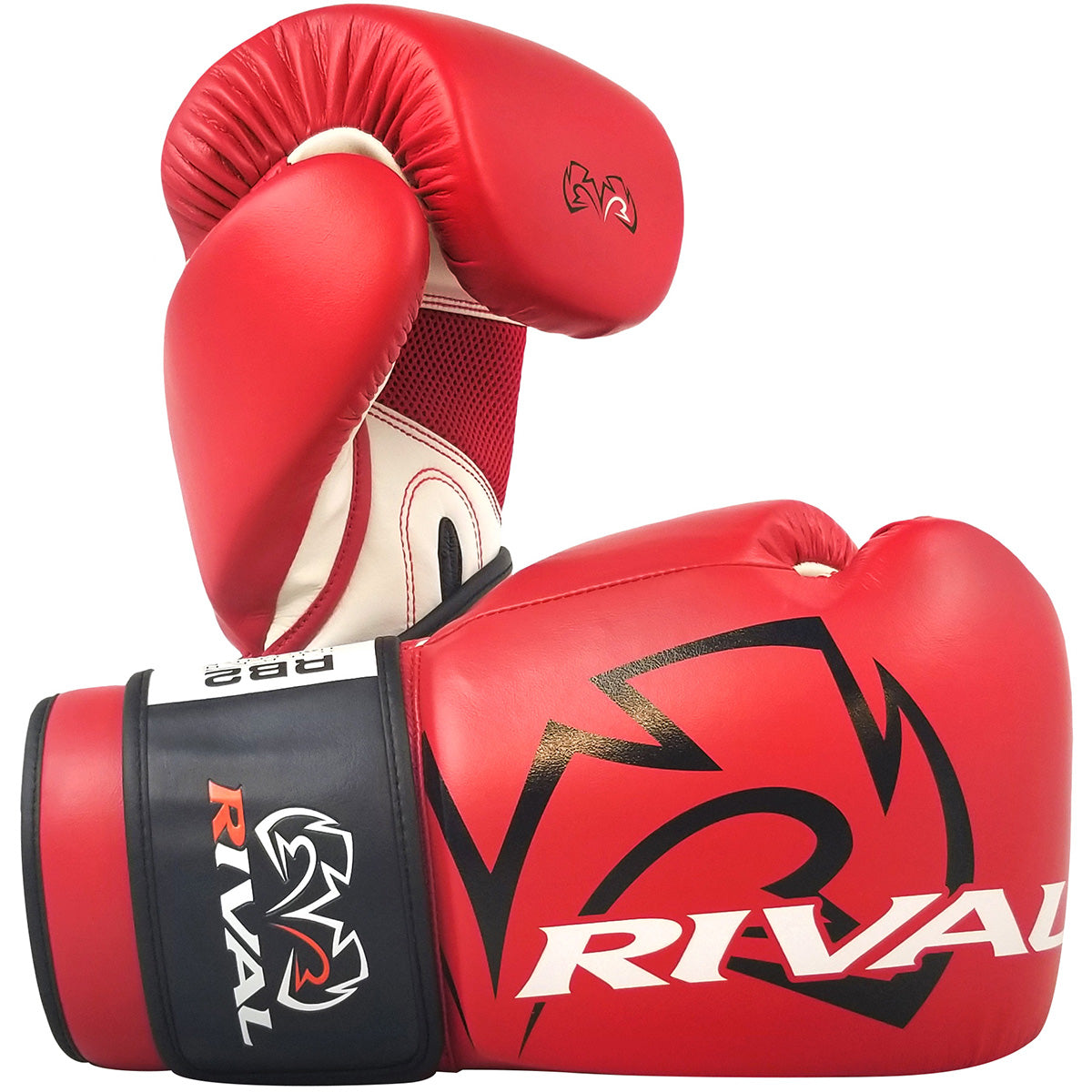 Red boxing gloves with black and white details on a white background