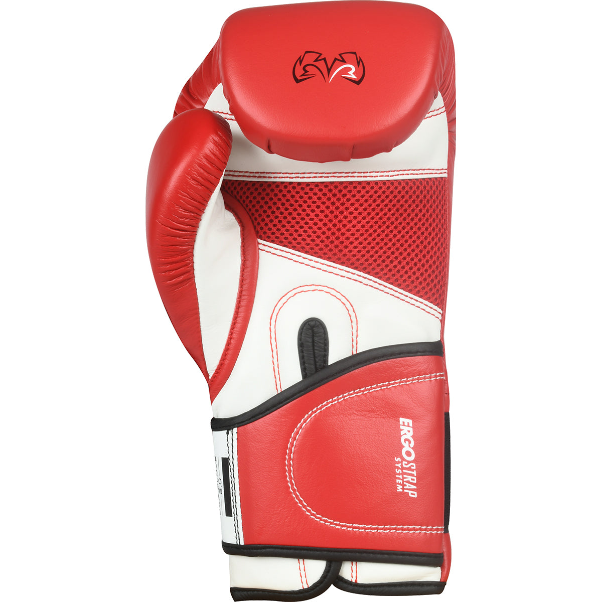 Red and white boxing glove with brand logo on a white background