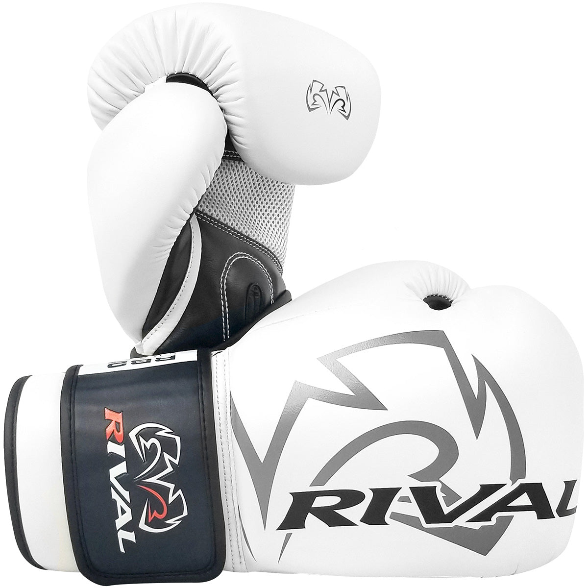 White boxing gloves with black accents and Rival logo on a white background