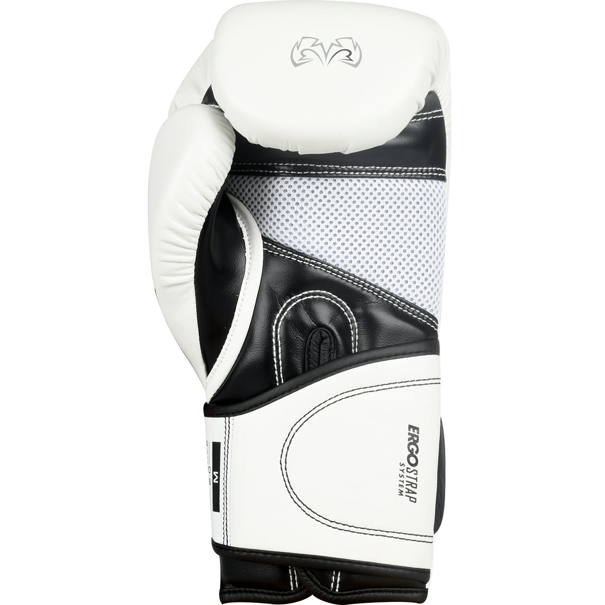 Black and white boxing glove with brand logo on a white background