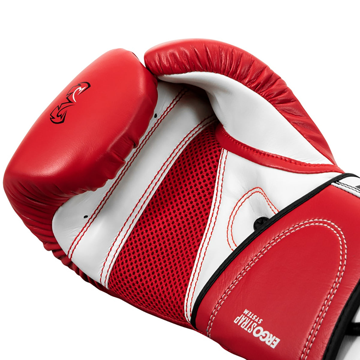 Red and white boxing glove with brand logo on a white background