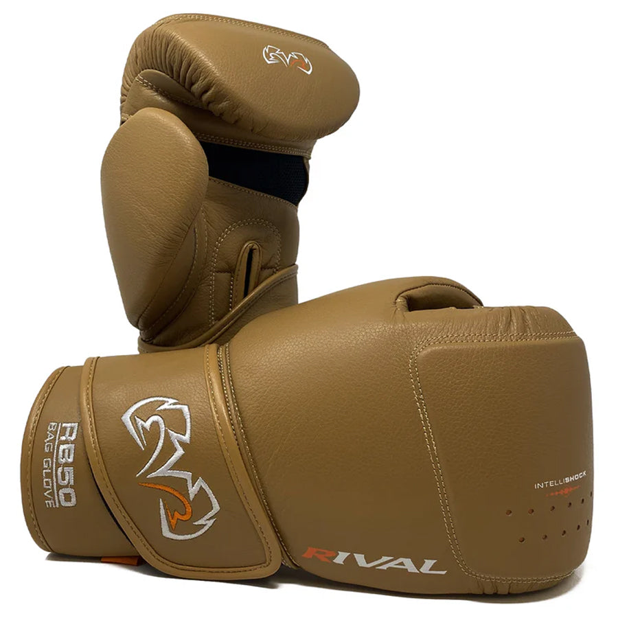 Brown boxing gloves with 'Rival' branding on a white background