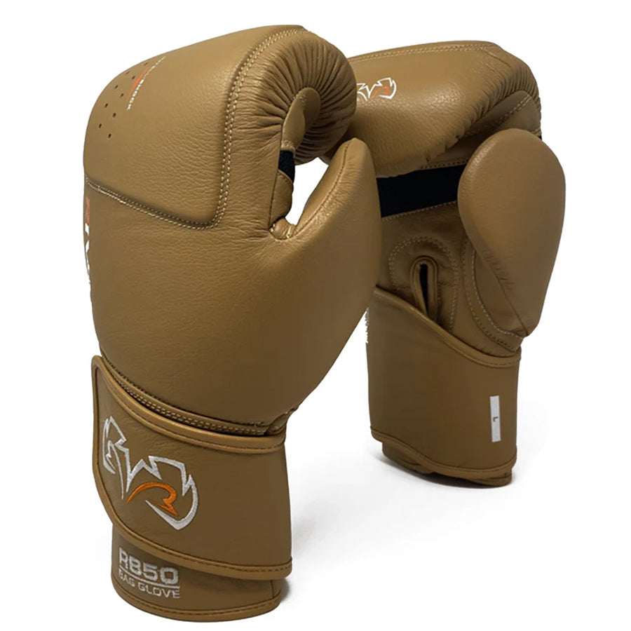 Pair of tan boxing gloves with a brand logo on a white background
