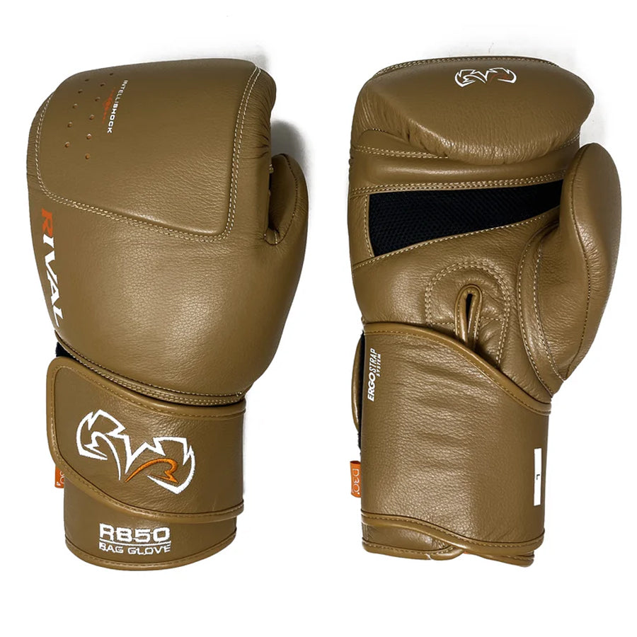 Pair of brown boxing gloves with 'Rival' branding on a white background