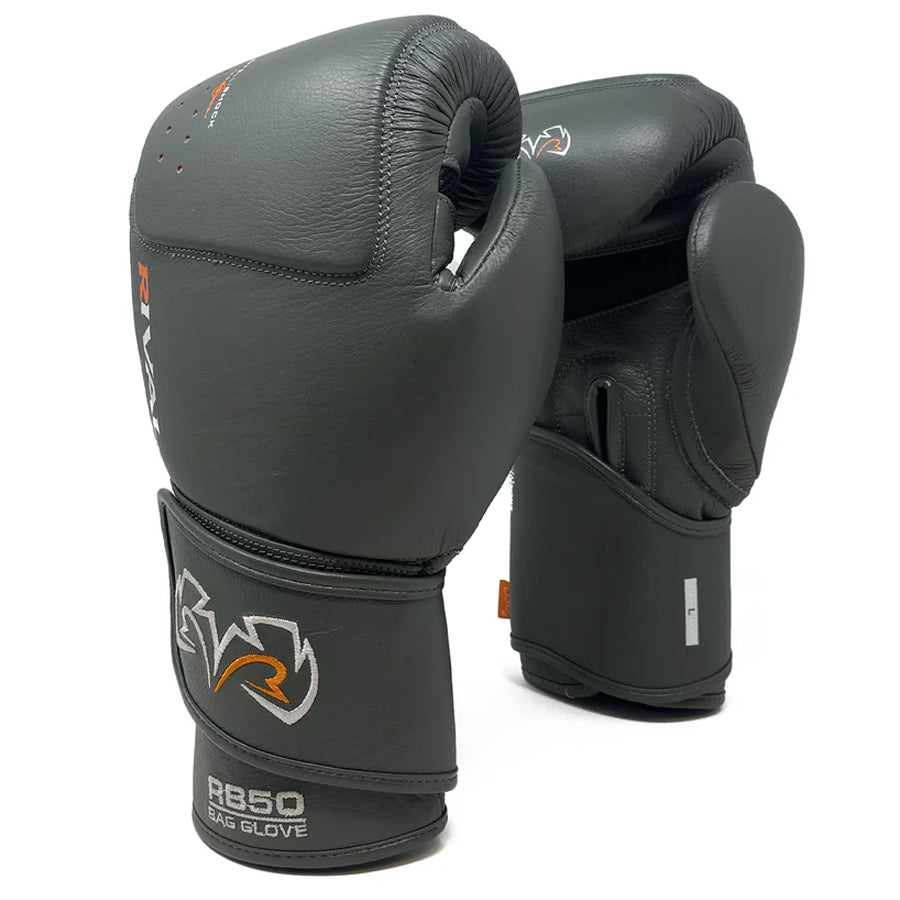 Pair of gray boxing gloves with brand logo on a white background