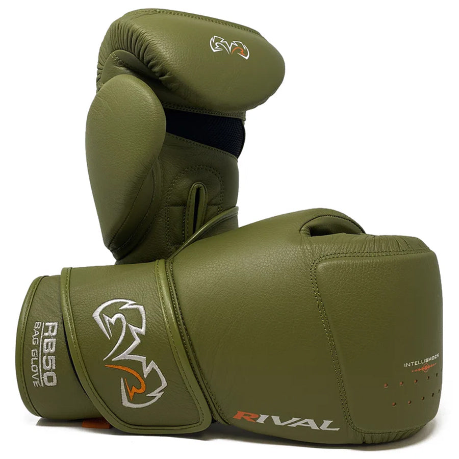 Green boxing gloves with 'Rival' branding on a white background