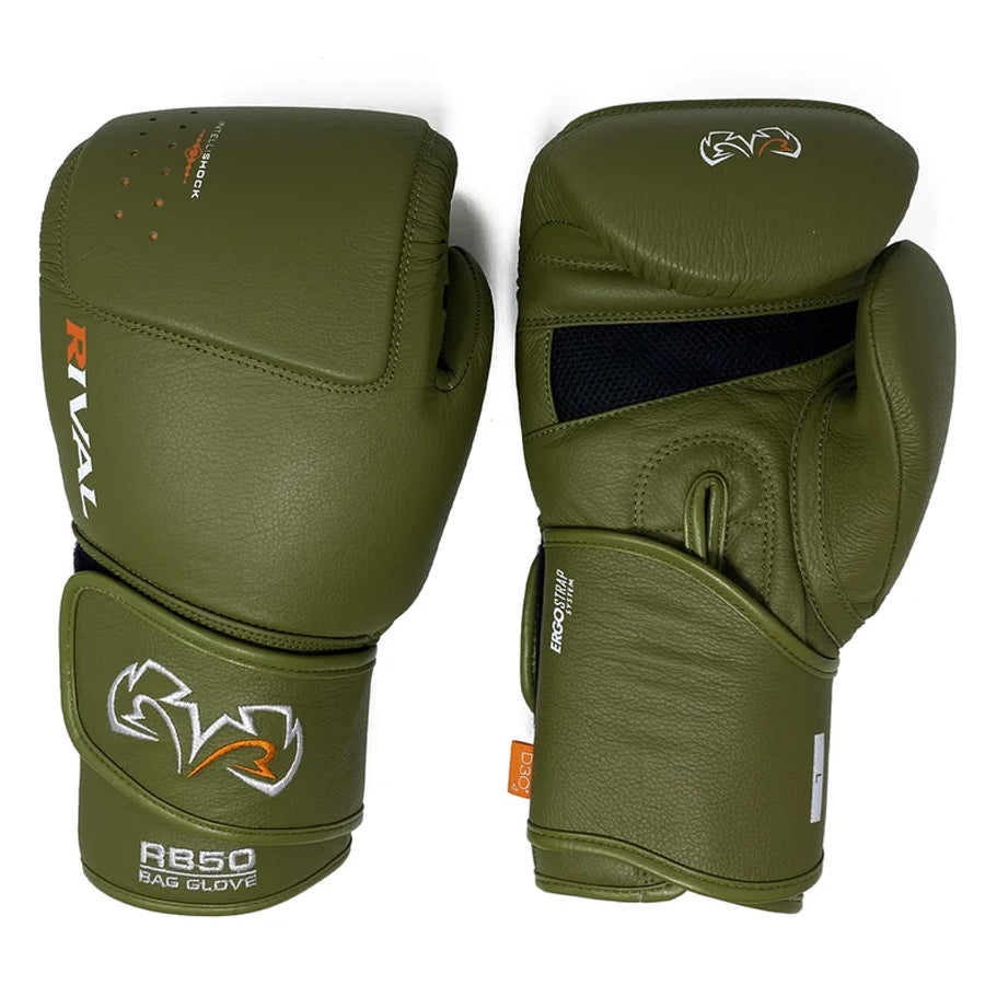 Pair of olive green boxing gloves with 'Rival' branding on a white background