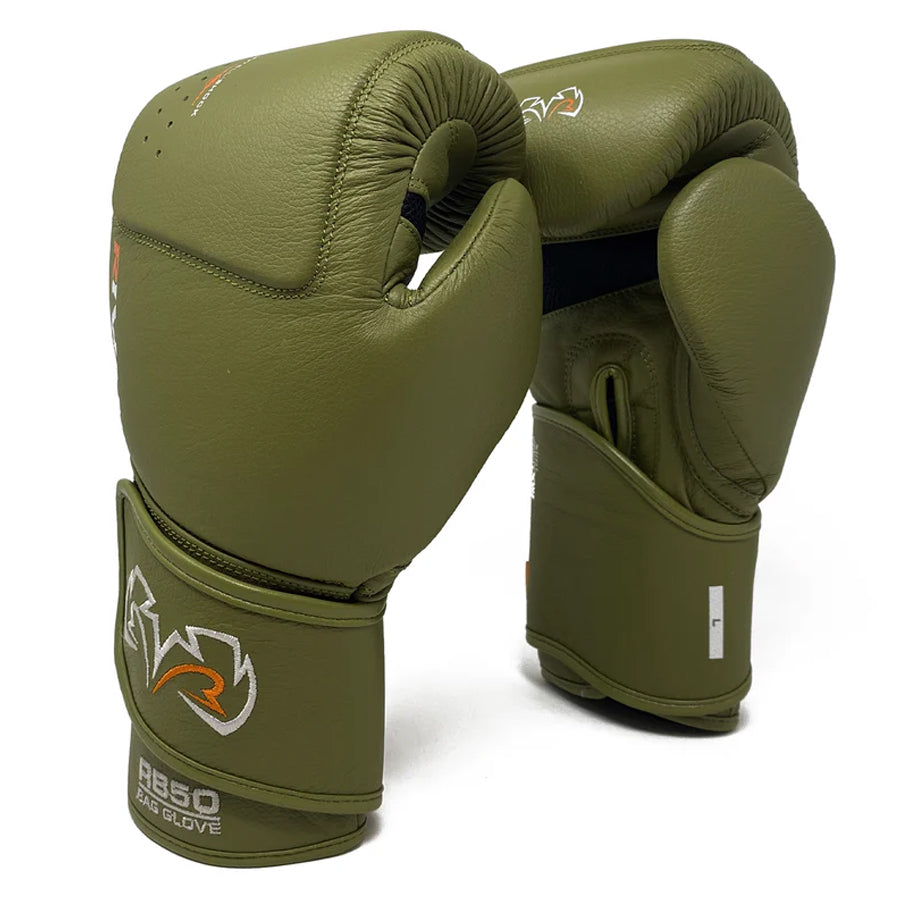 Pair of green boxing gloves with a brand logo on a white background