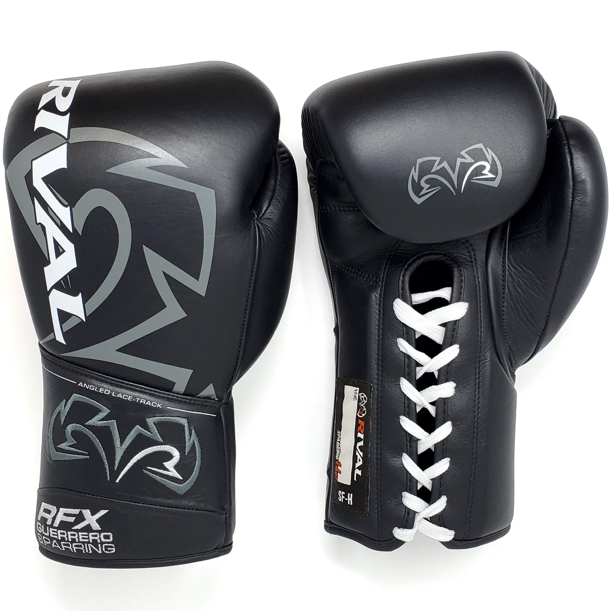 Black boxing gloves with white laces and 'Rival' branding on a white background