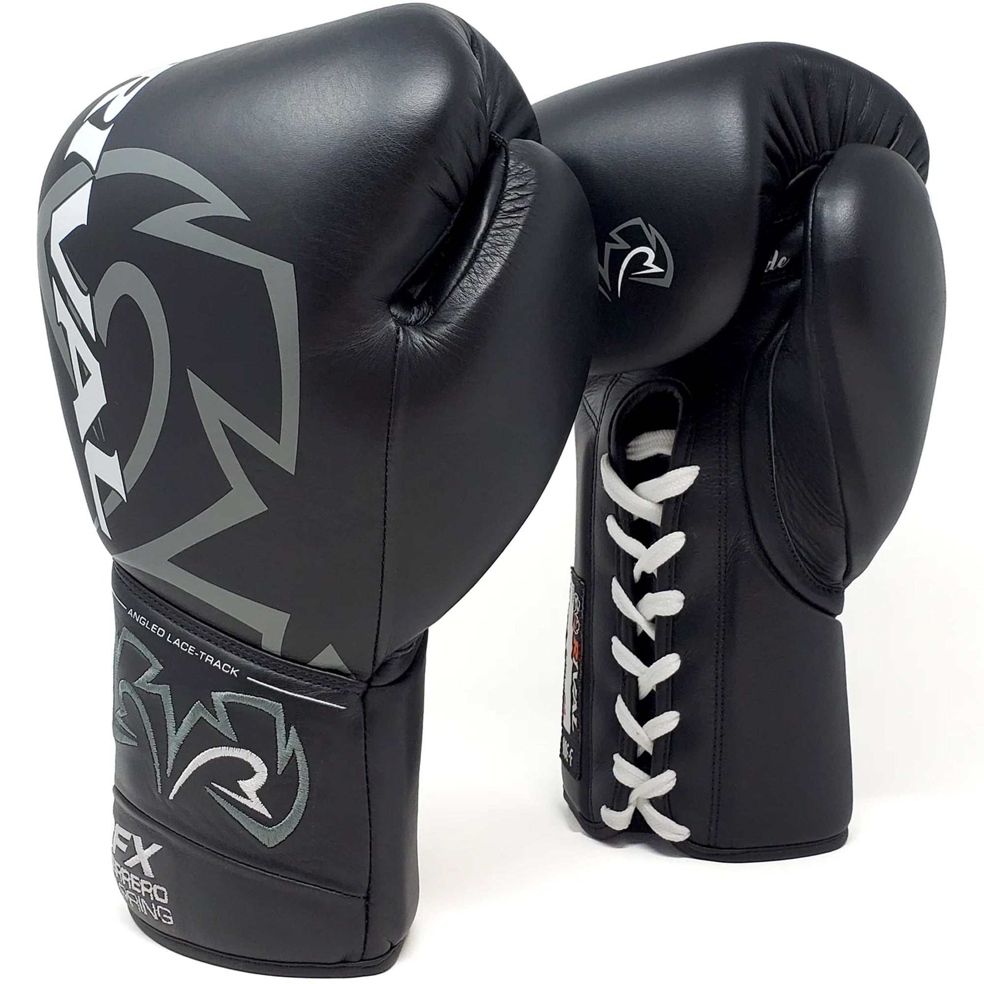 Pair of black boxing gloves with white laces on a white background