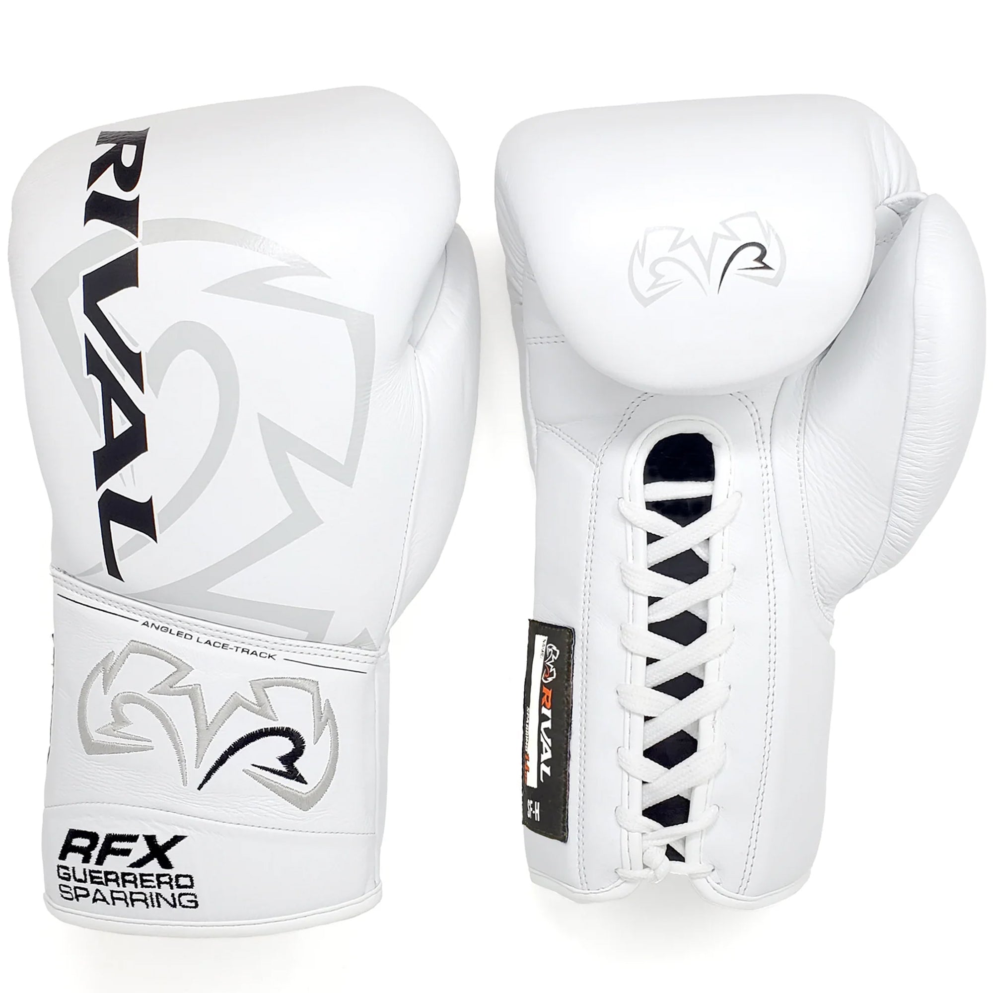 White boxing gloves with black text and logos on a white background