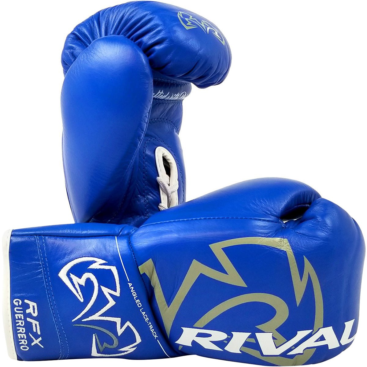 Blue boxing gloves with Rival logo on a white background