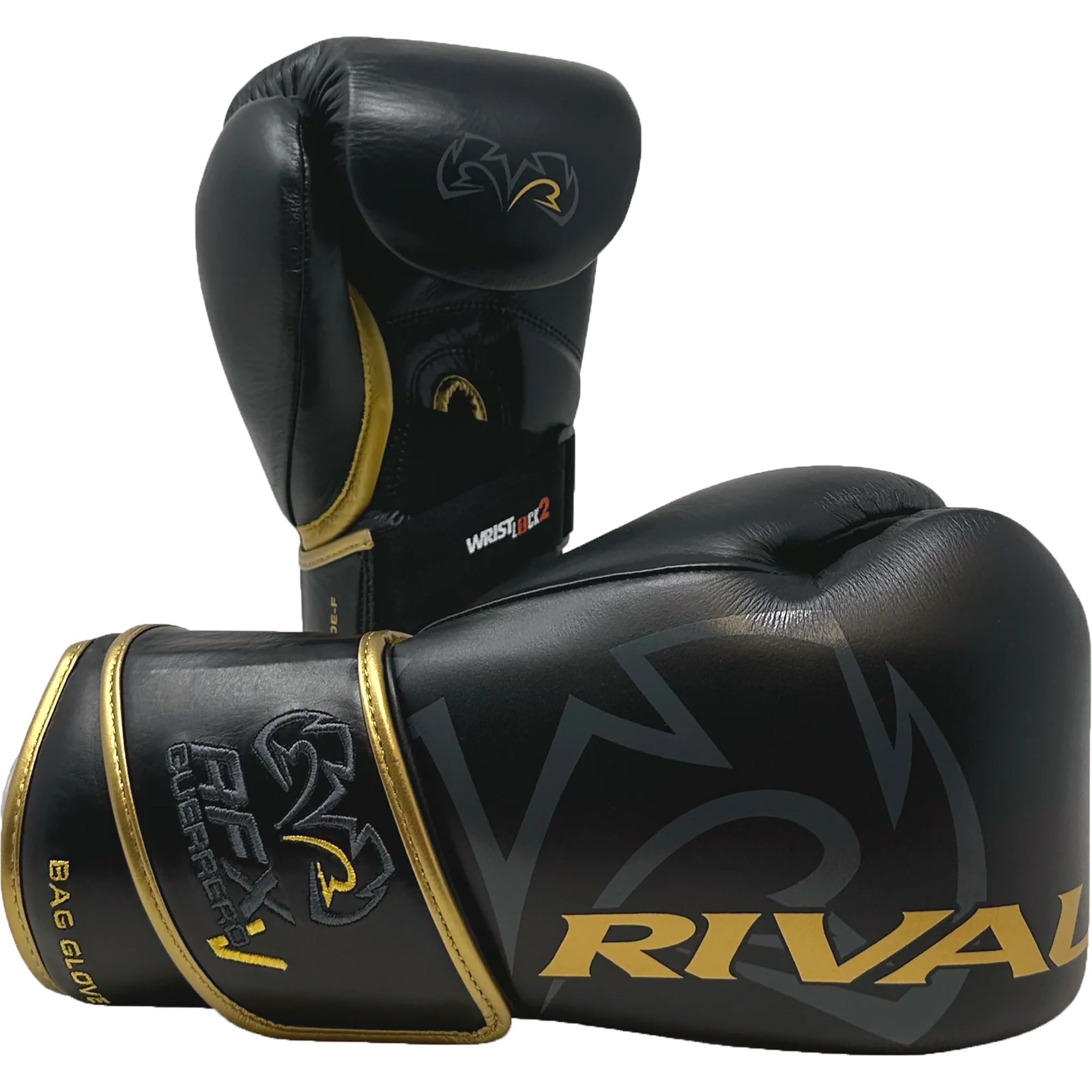 Black boxing gloves with gold accents and 'Rival' branding on a white background