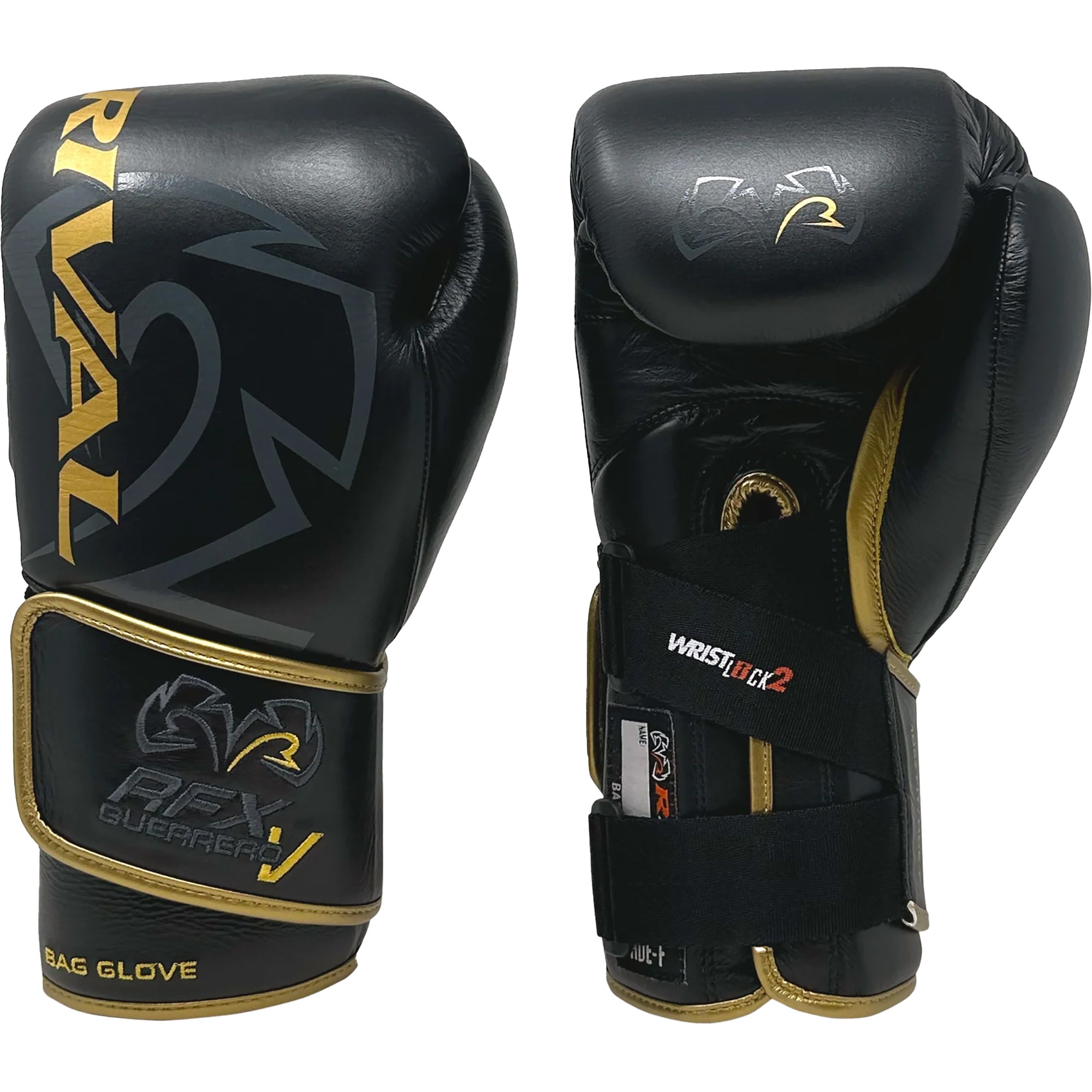 Black and gold boxing gloves with 'Rival' branding on a white background