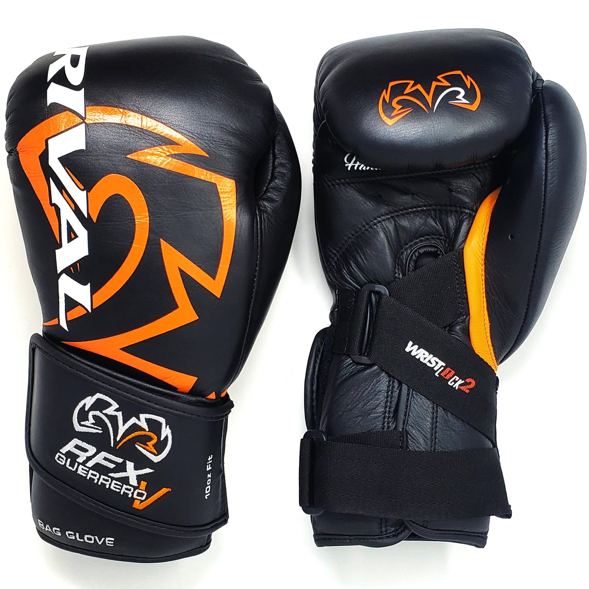 Black and orange boxing gloves with visible branding on a white background