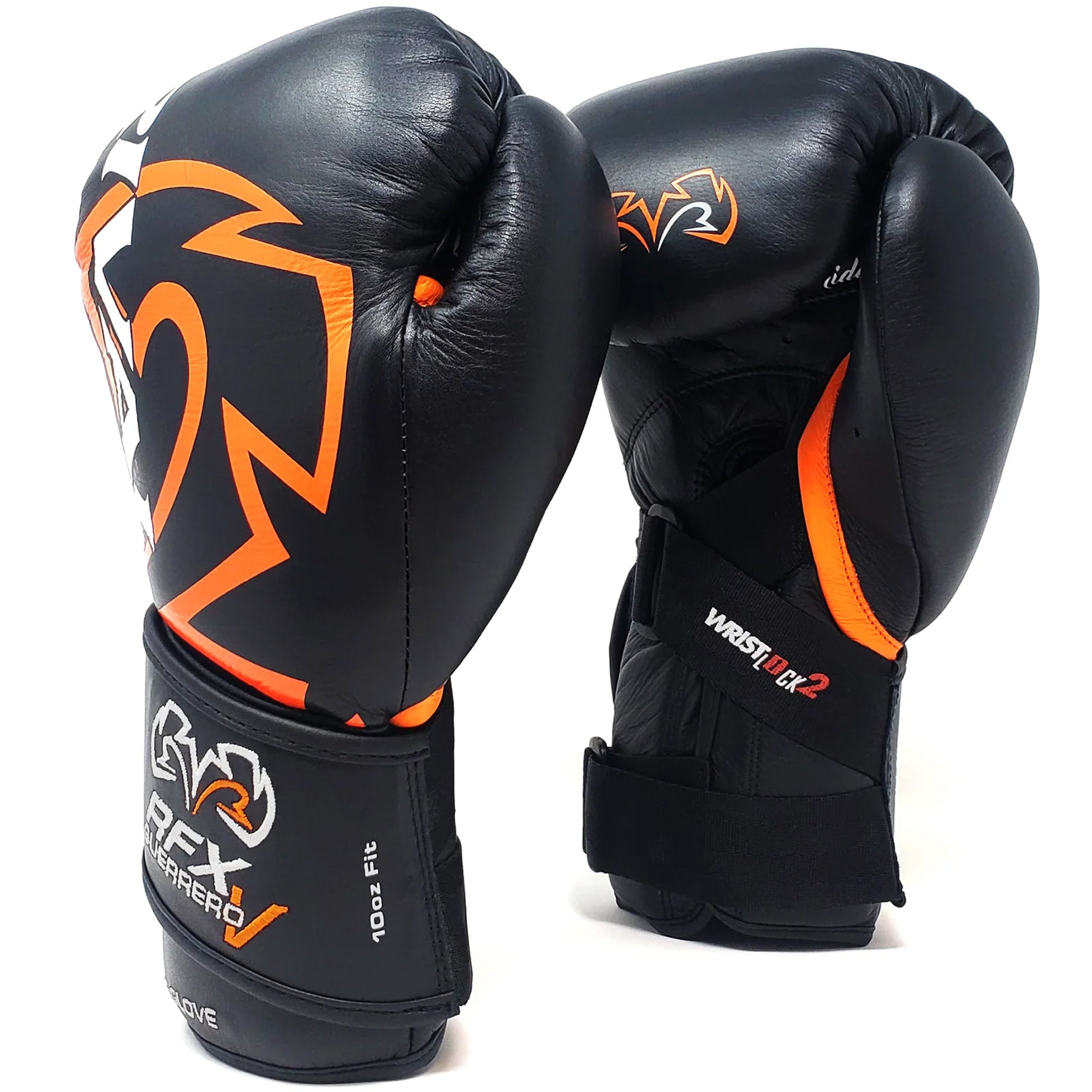 Black and orange boxing gloves with brand logo on a white background