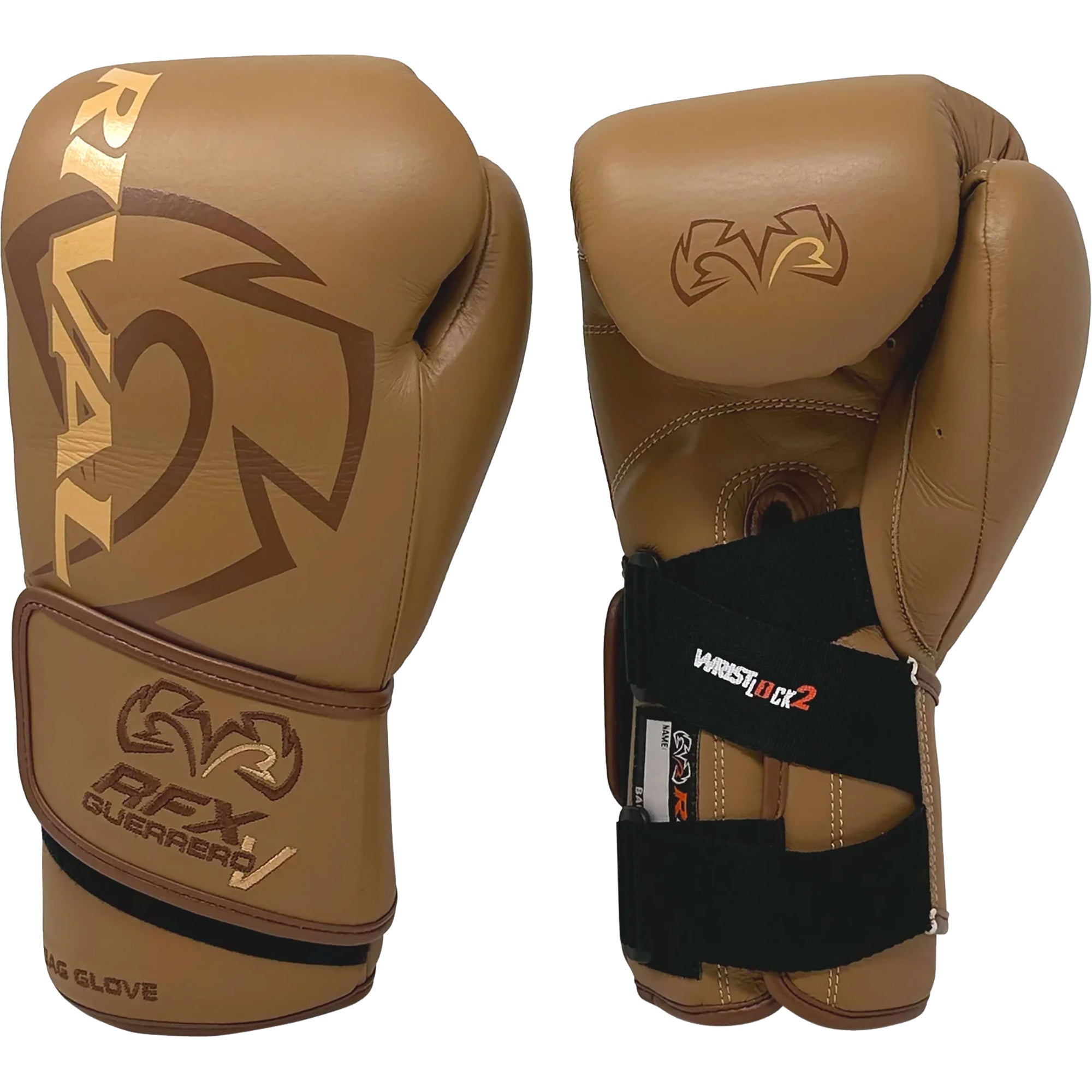 Pair of brown boxing gloves with visible branding on a white background