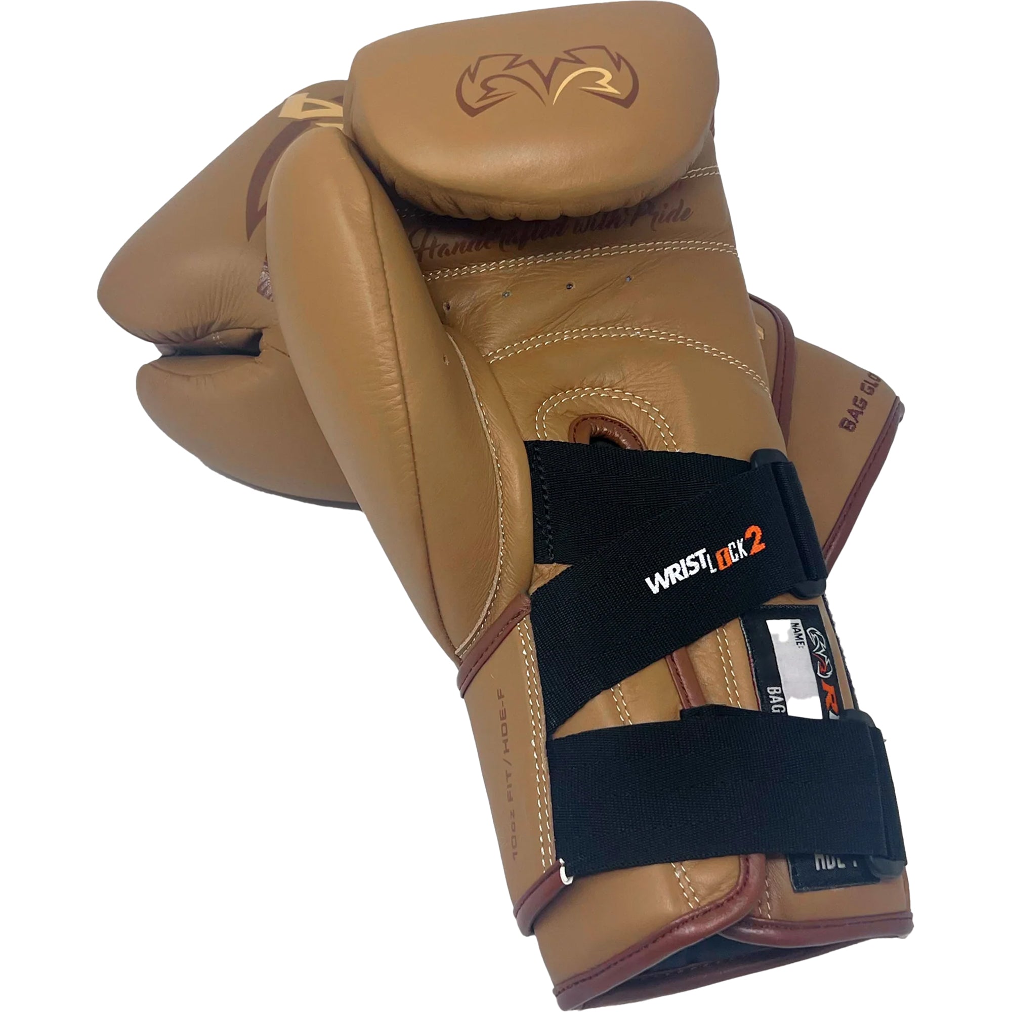 Brown boxing gloves with a wrist strap on a white background