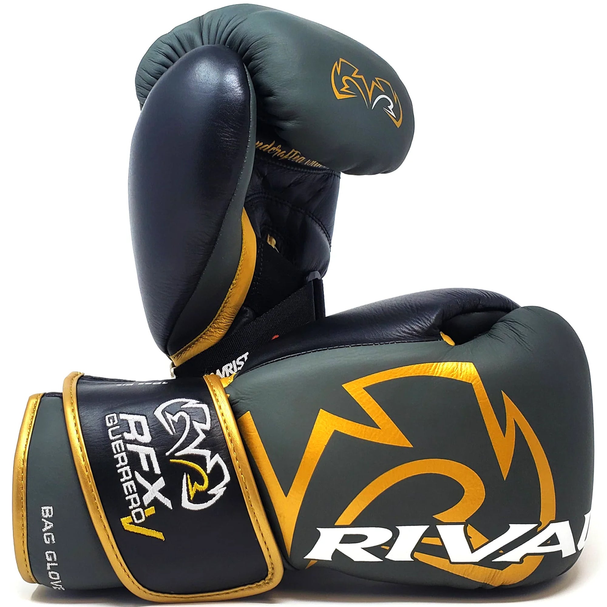 Pair of black and gold boxing gloves with Rival branding on a white background