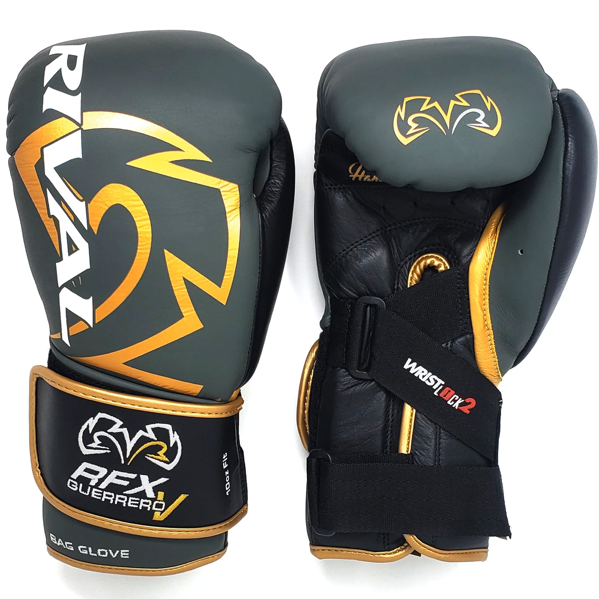 Pair of black and gold boxing gloves with 'Rival' branding on a white background