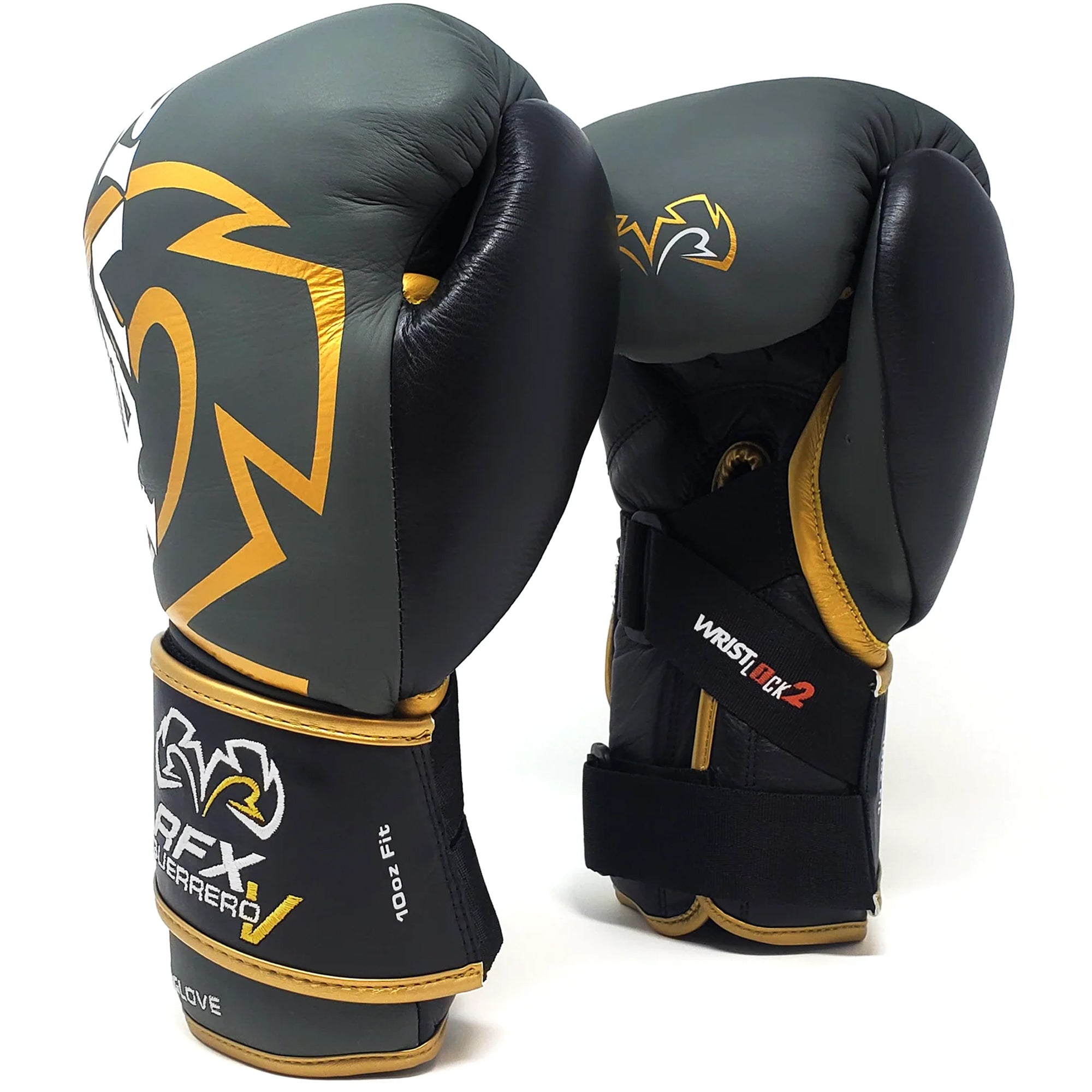 Pair of black and gold boxing gloves with visible branding on a white background