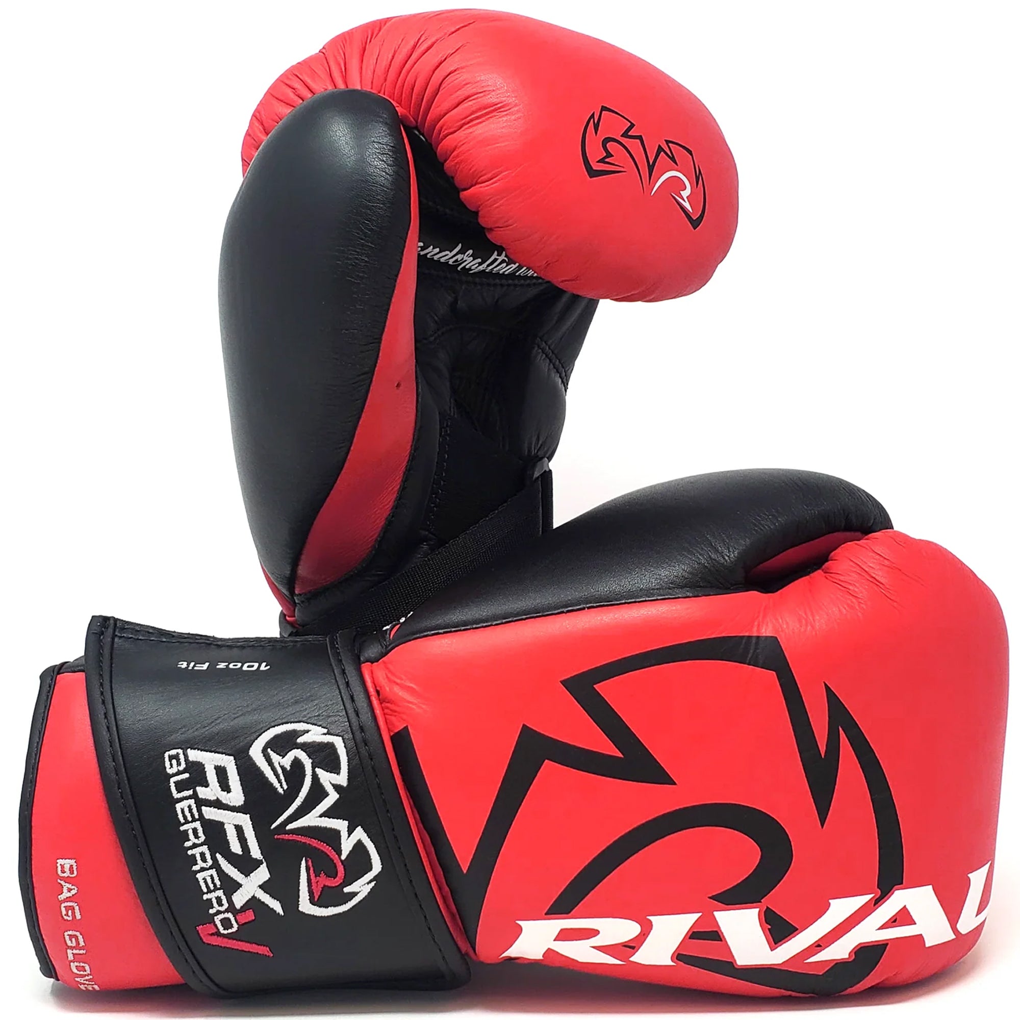 Red and black boxing gloves with 'Rival' branding on a white background