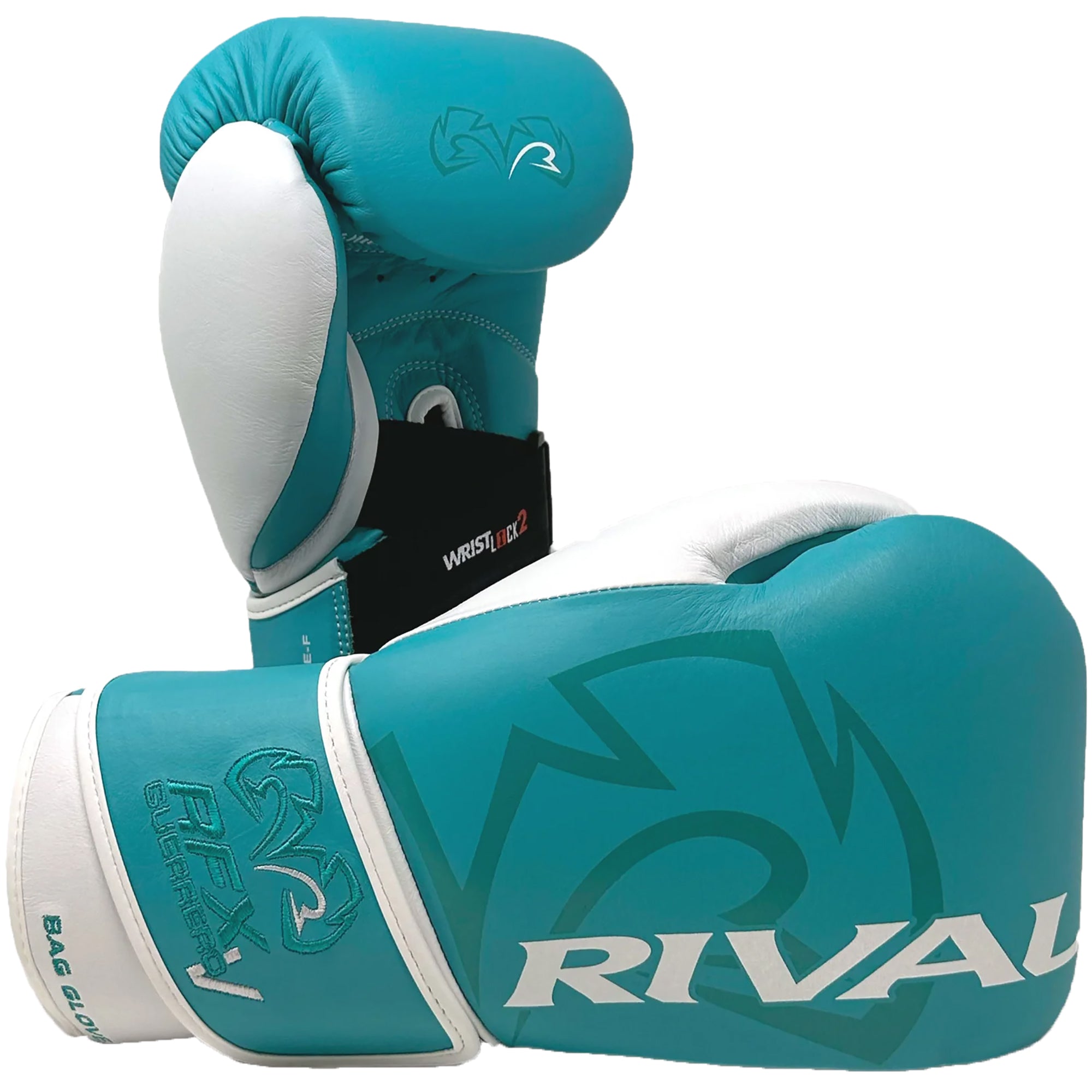 Teal and white boxing gloves with 'Rival' branding on a white background