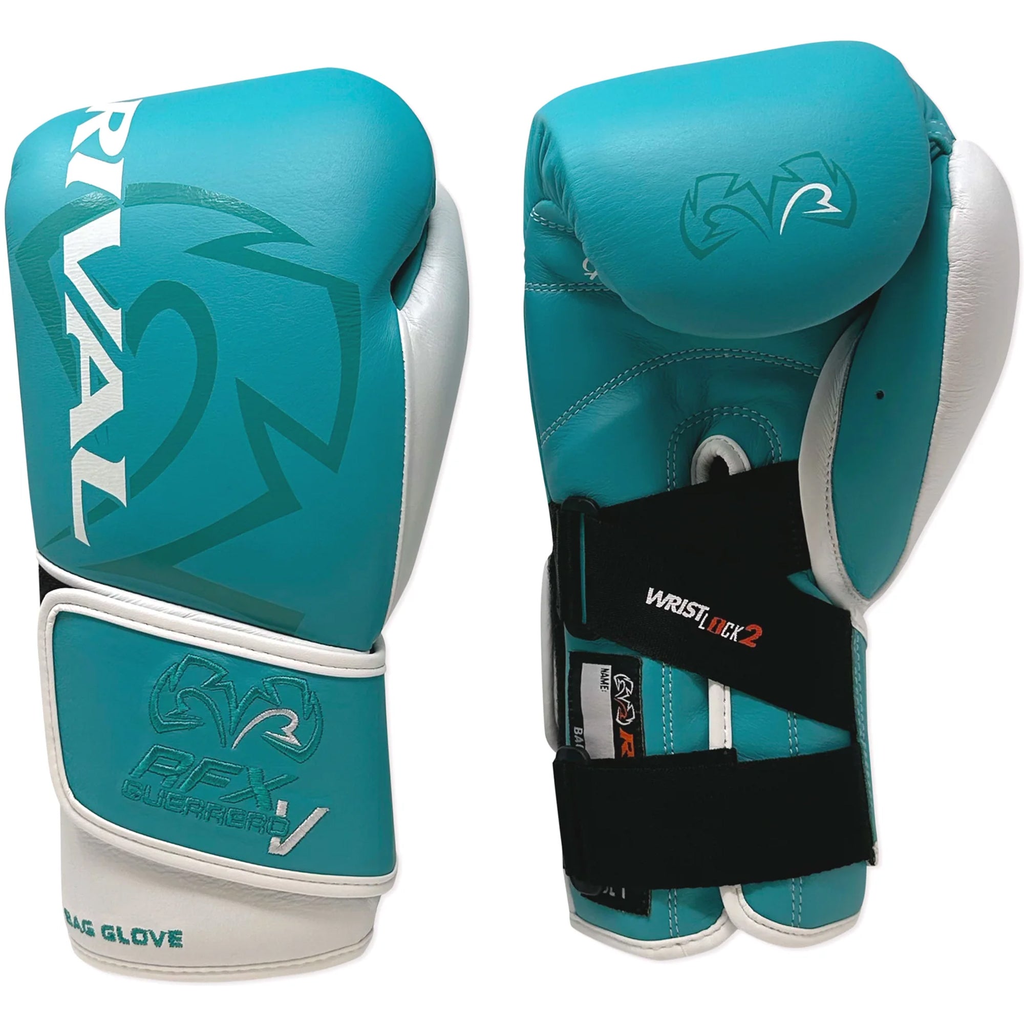 Teal boxing gloves with white accents on a white background
