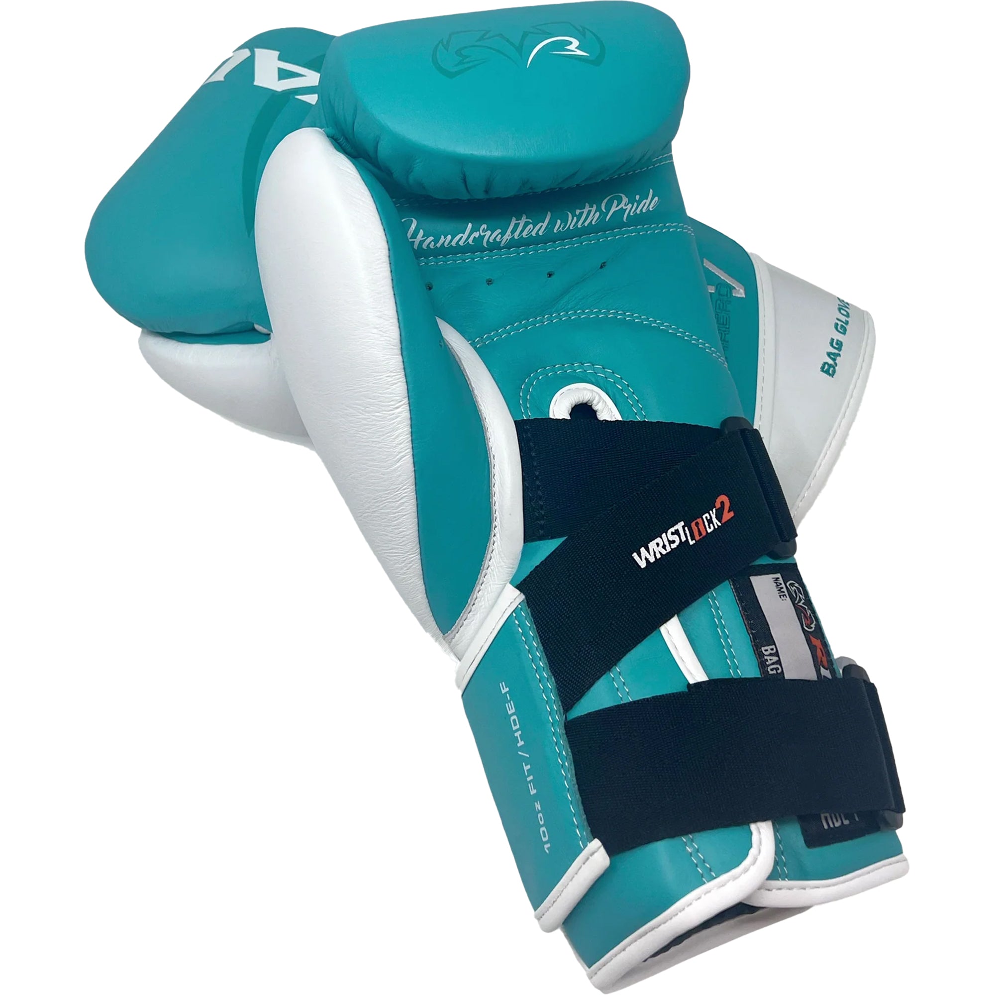 Teal and white wrestling gloves with black wrist straps on a white background