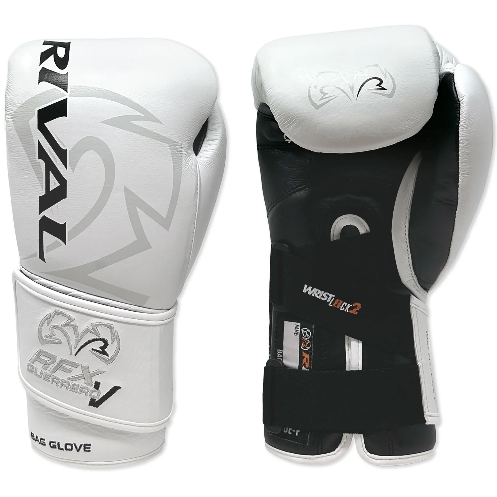 Pair of black and white boxing gloves with Rival branding on a white background