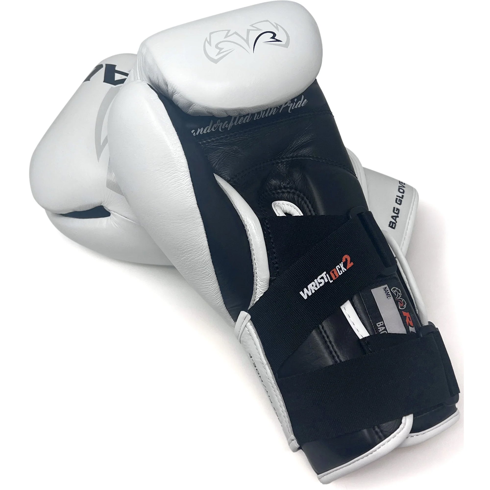 Pair of white and black boxing gloves with visible branding on a white background