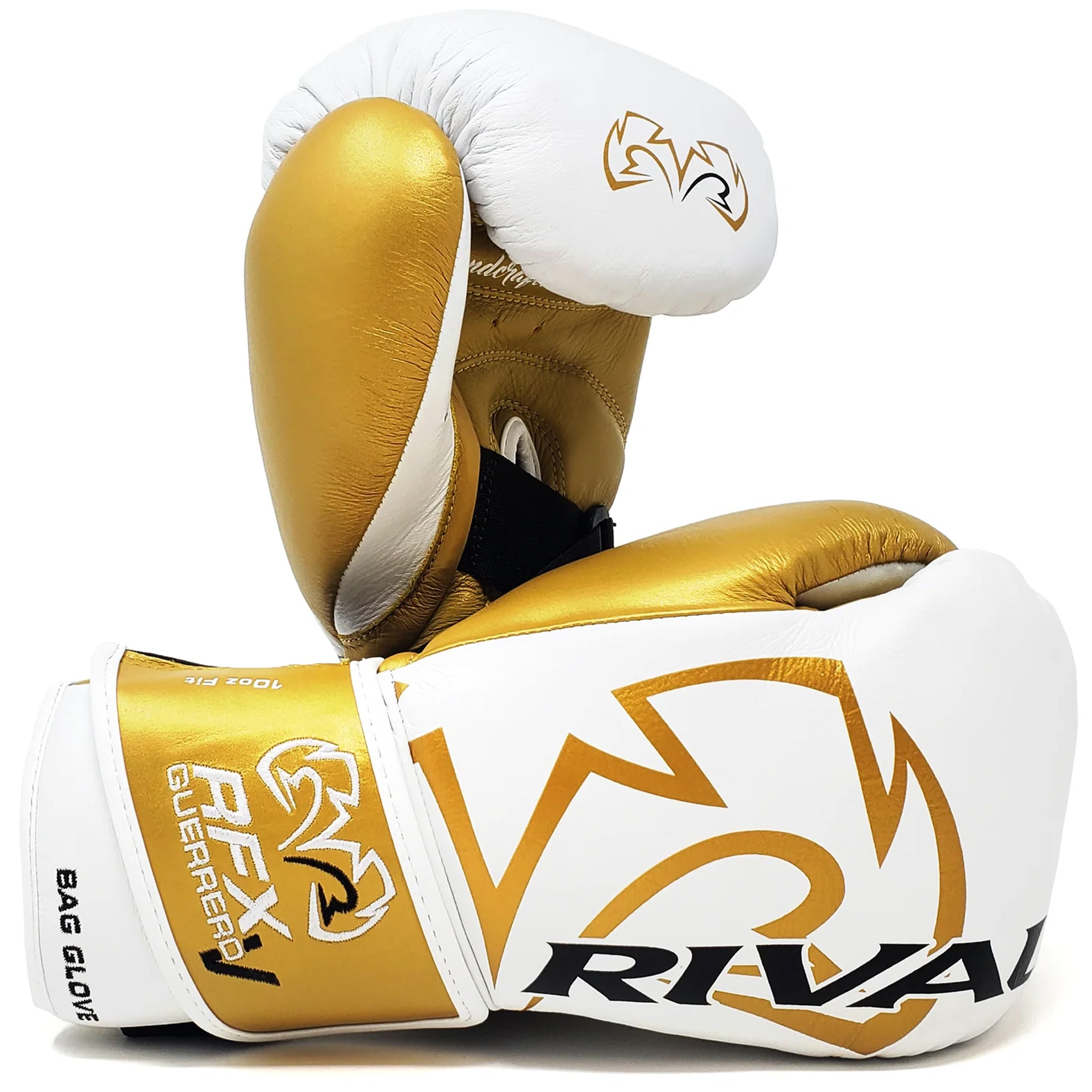 Gold and white boxing gloves with Rival logo on a white background