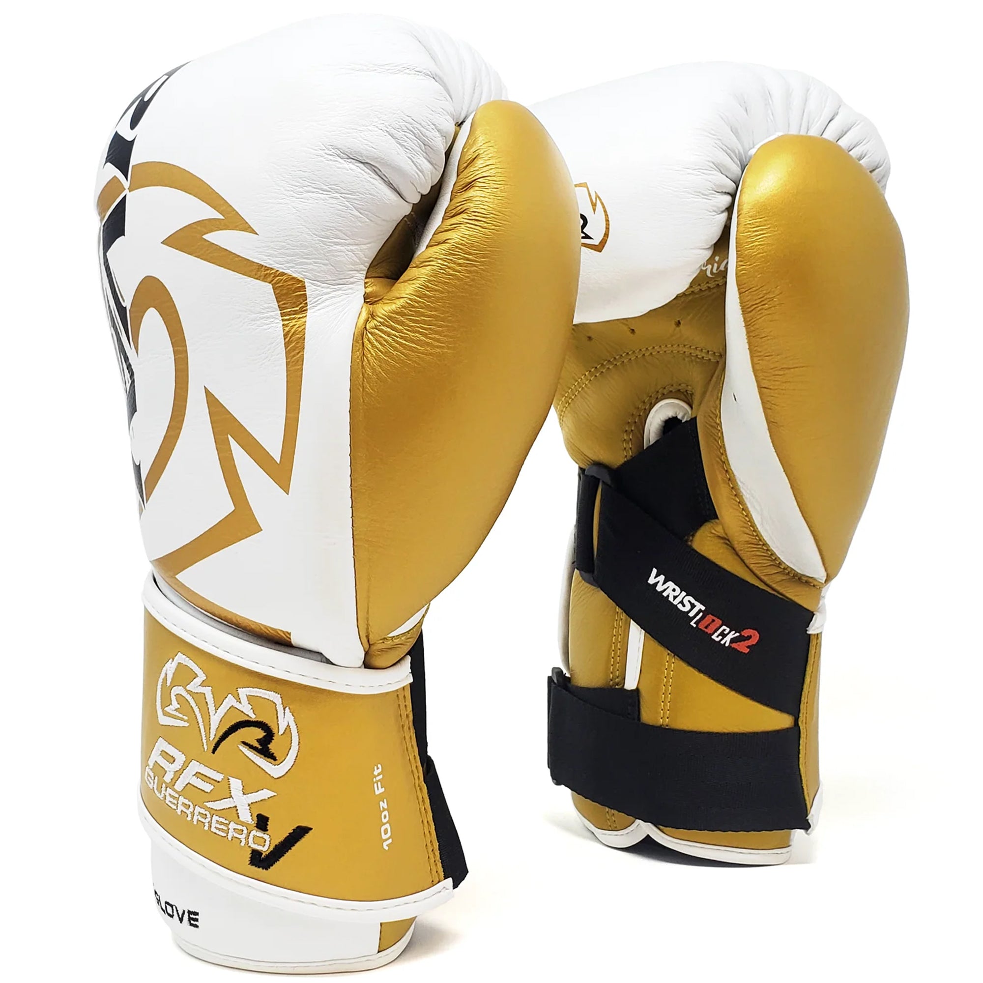 Gold and white boxing gloves with visible branding on a white background
