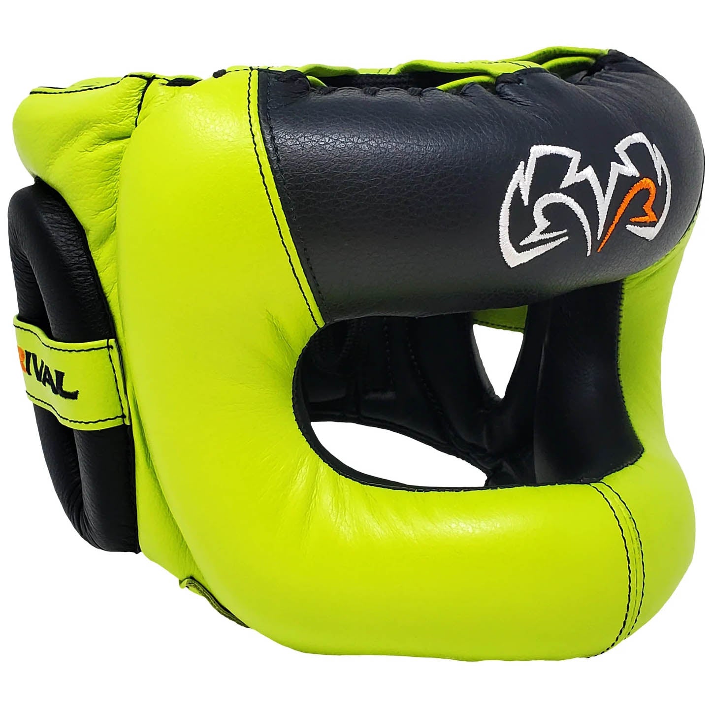 Yellow and black boxing headgear with a brand logo on a white background