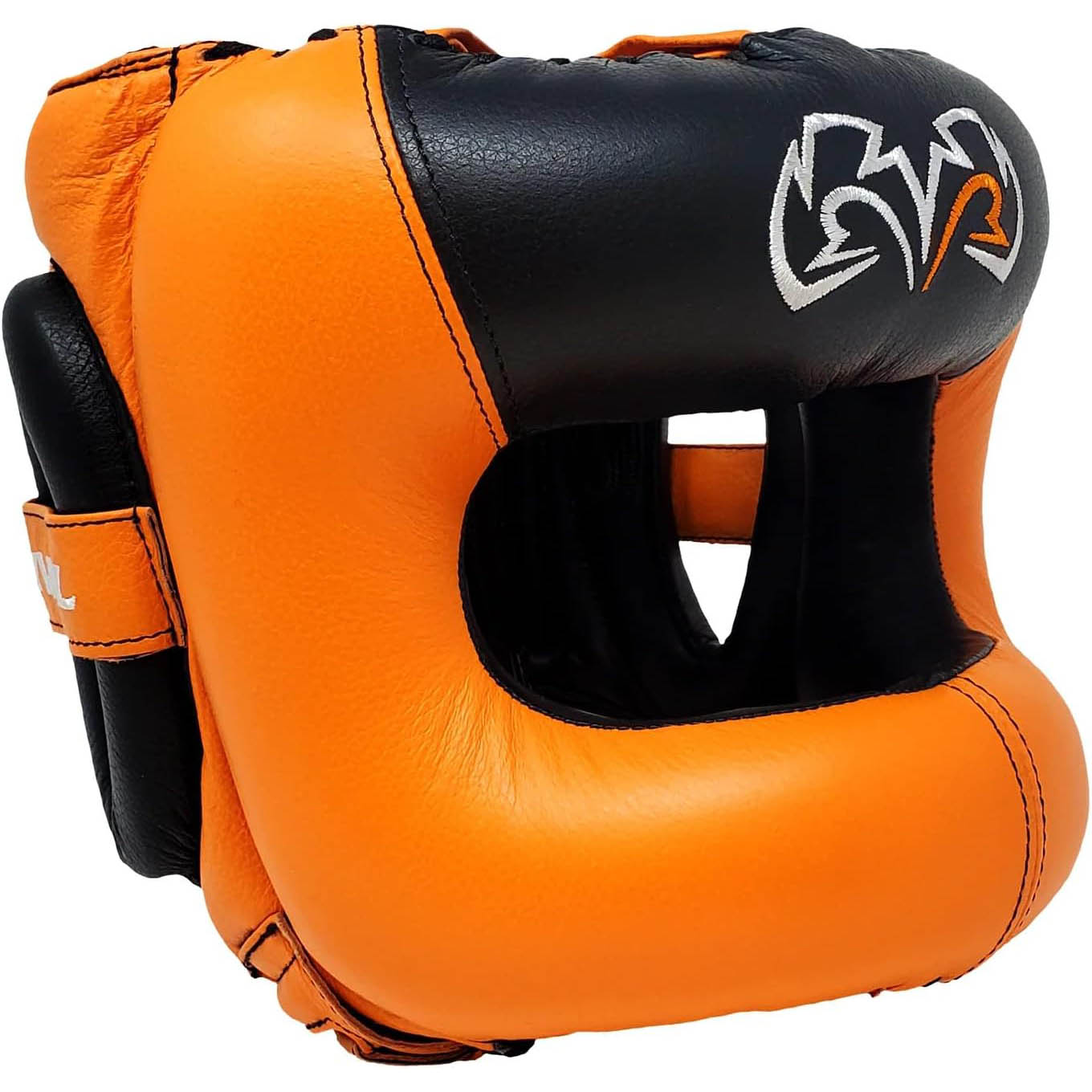 Orange and black boxing headgear with a brand logo on a white background