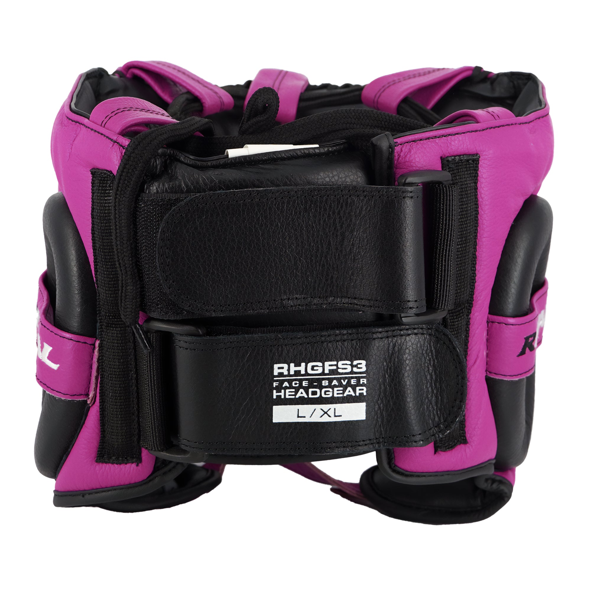 Pink and black headgear with visible branding on a white background