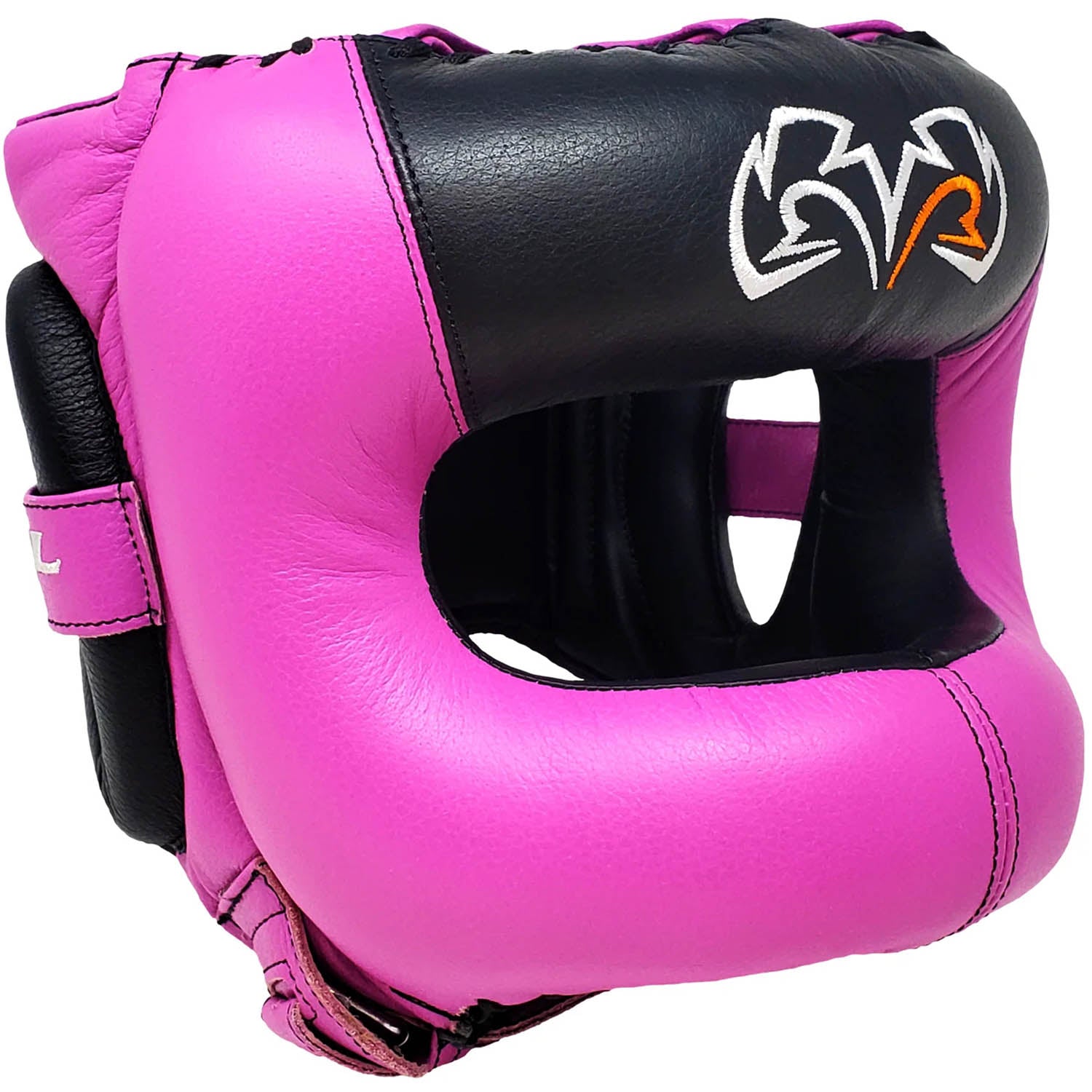 Pink and black headgear with a brand logo on a white background