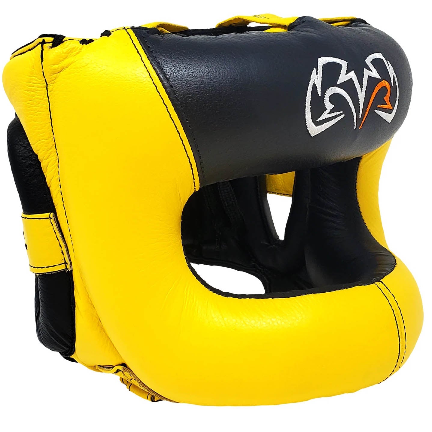 Yellow and black headgear with a brand logo on a white background