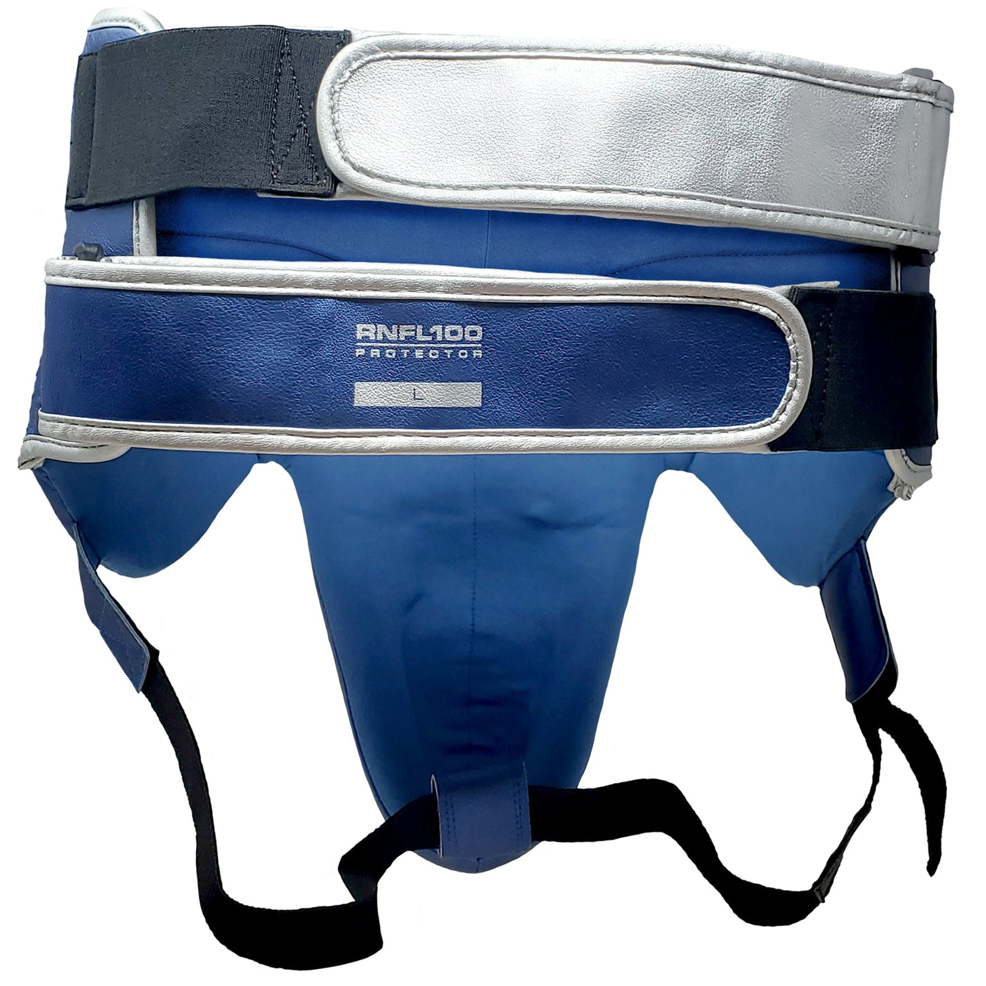 Blue and silver protective gear with 'ANFL100' branding on a white background