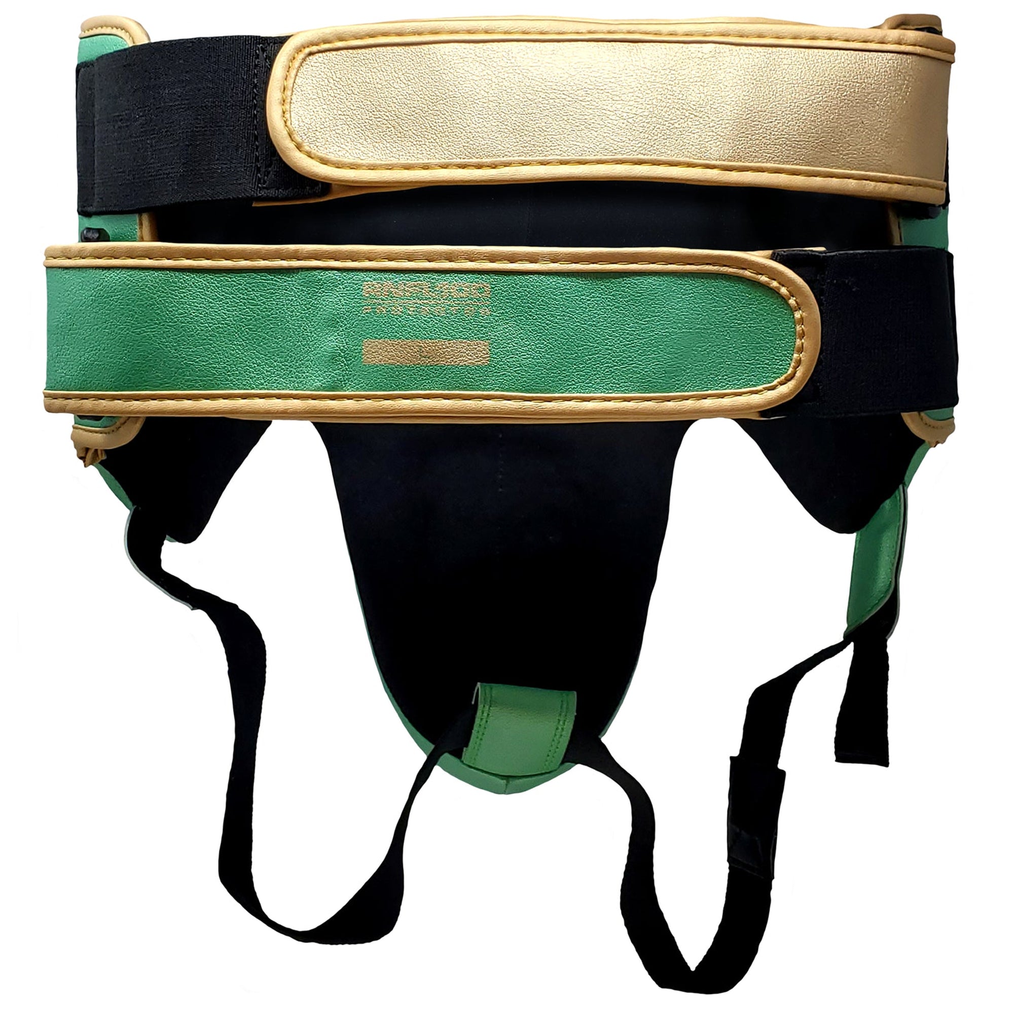 Black and green dog muzzle with gold accents on a white background