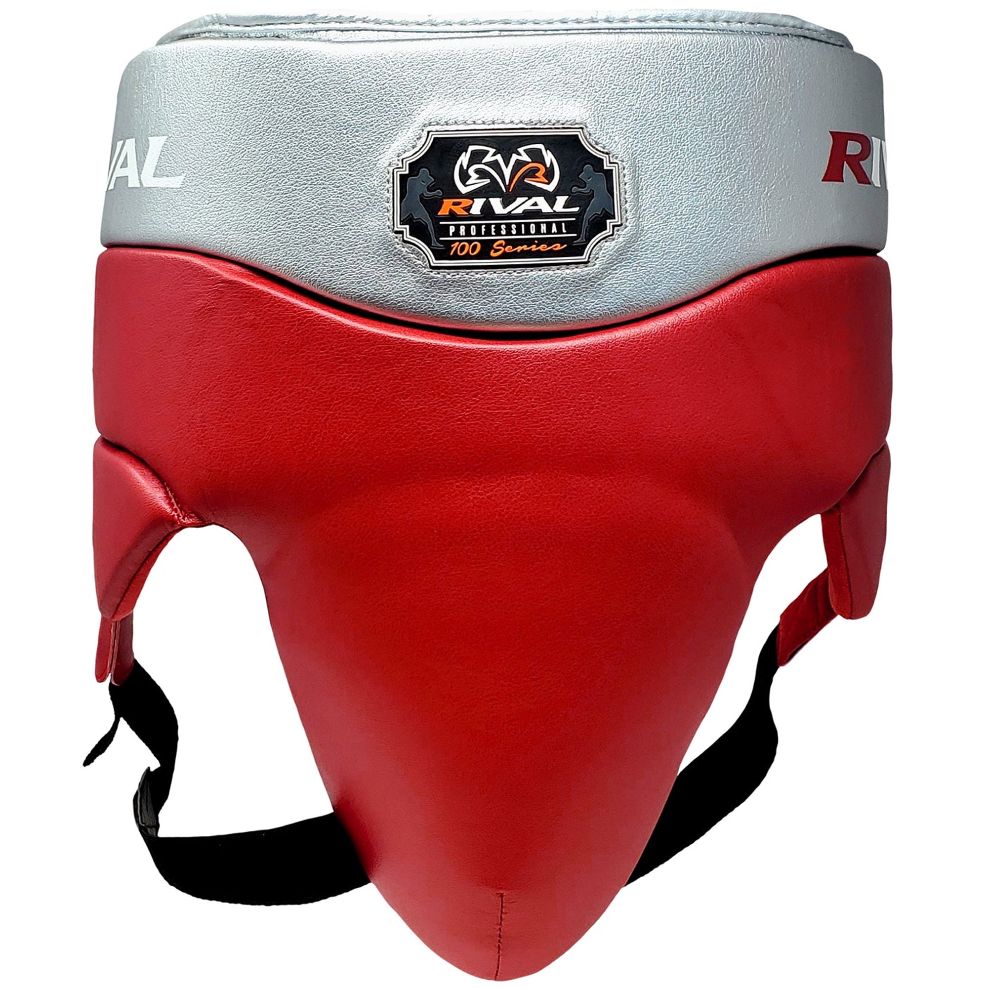 Red boxing headgear with gray top and Rival logo on a white background