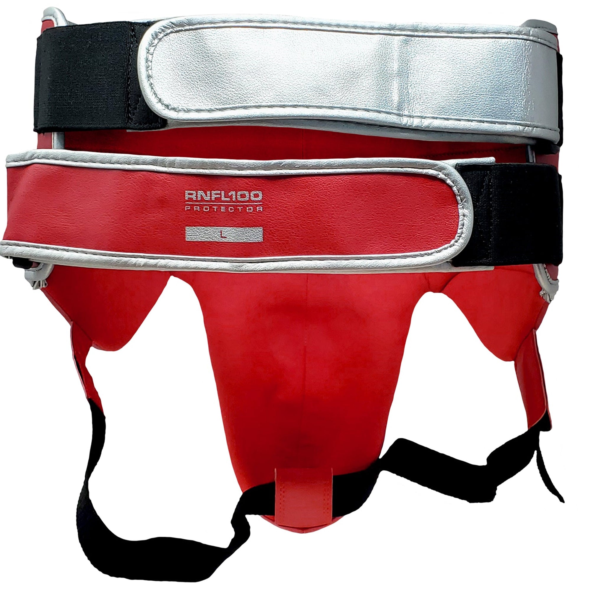 Red protective gear with black and white straps on a white background