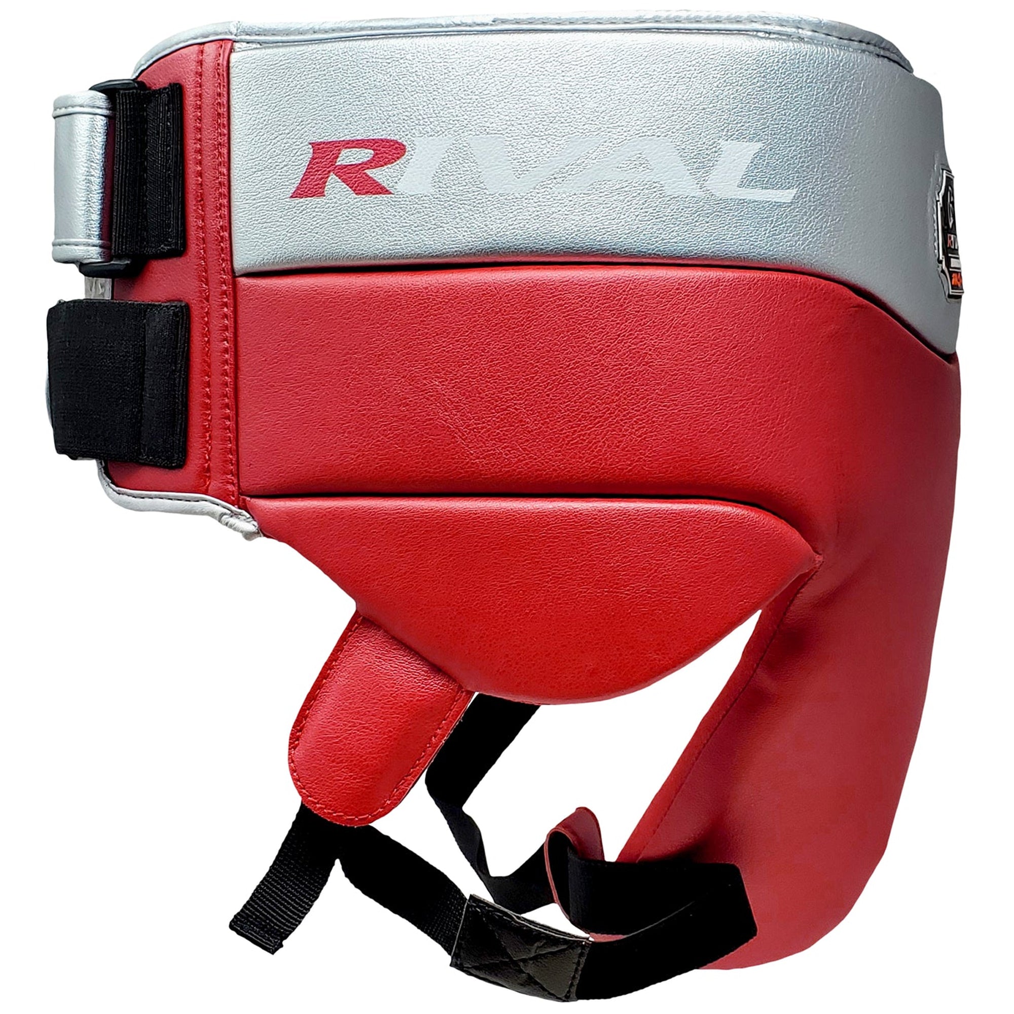 Red and gray boxing headgear with 'Rival' branding on a white background