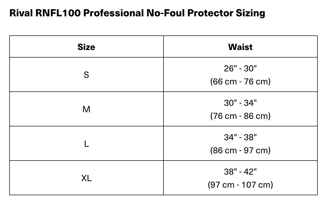 RIVAL Boxing RNFL100 Professional No-Foul Groin Protector size chart