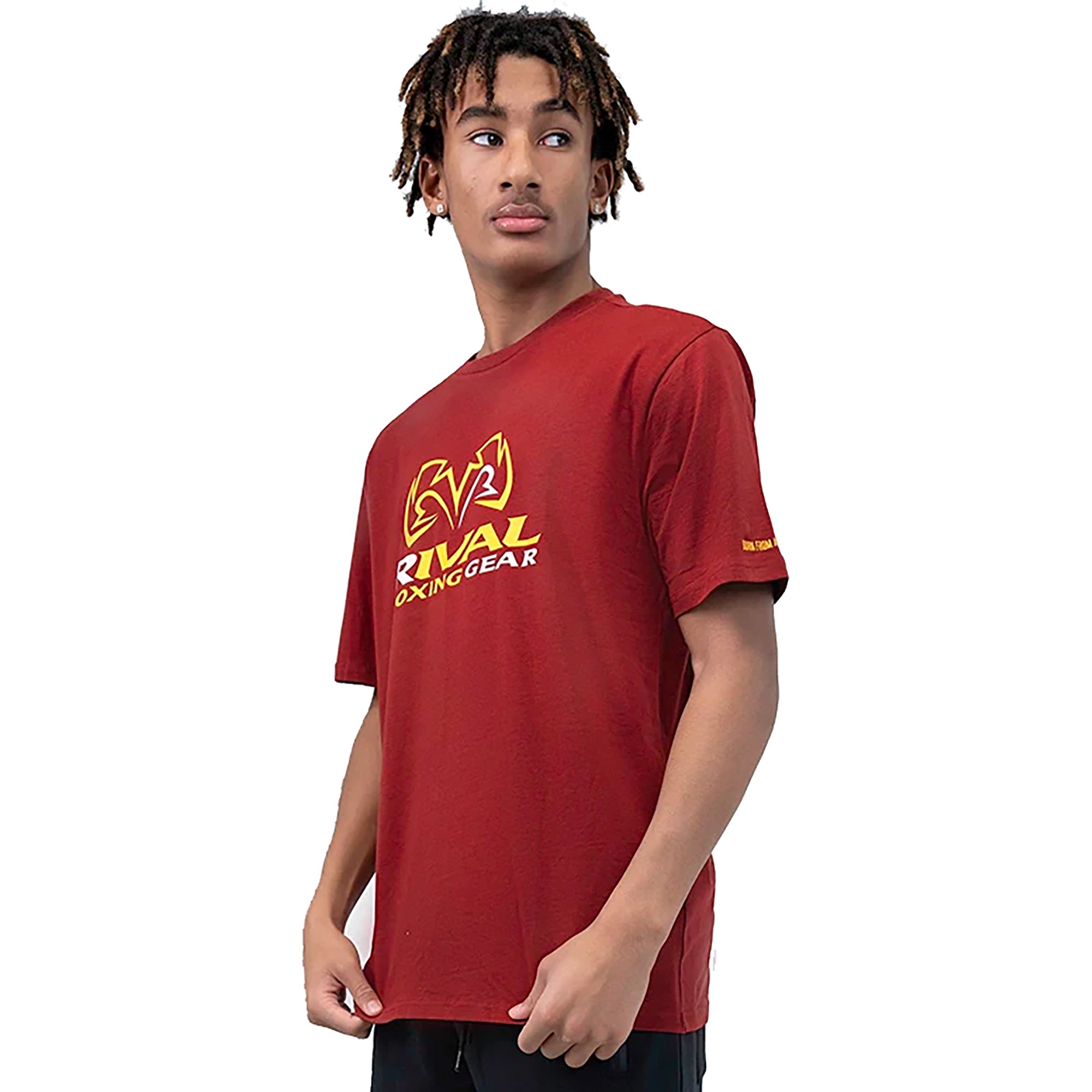 Person wearing a red 'Rival Boxing Gear' t-shirt on a white background
