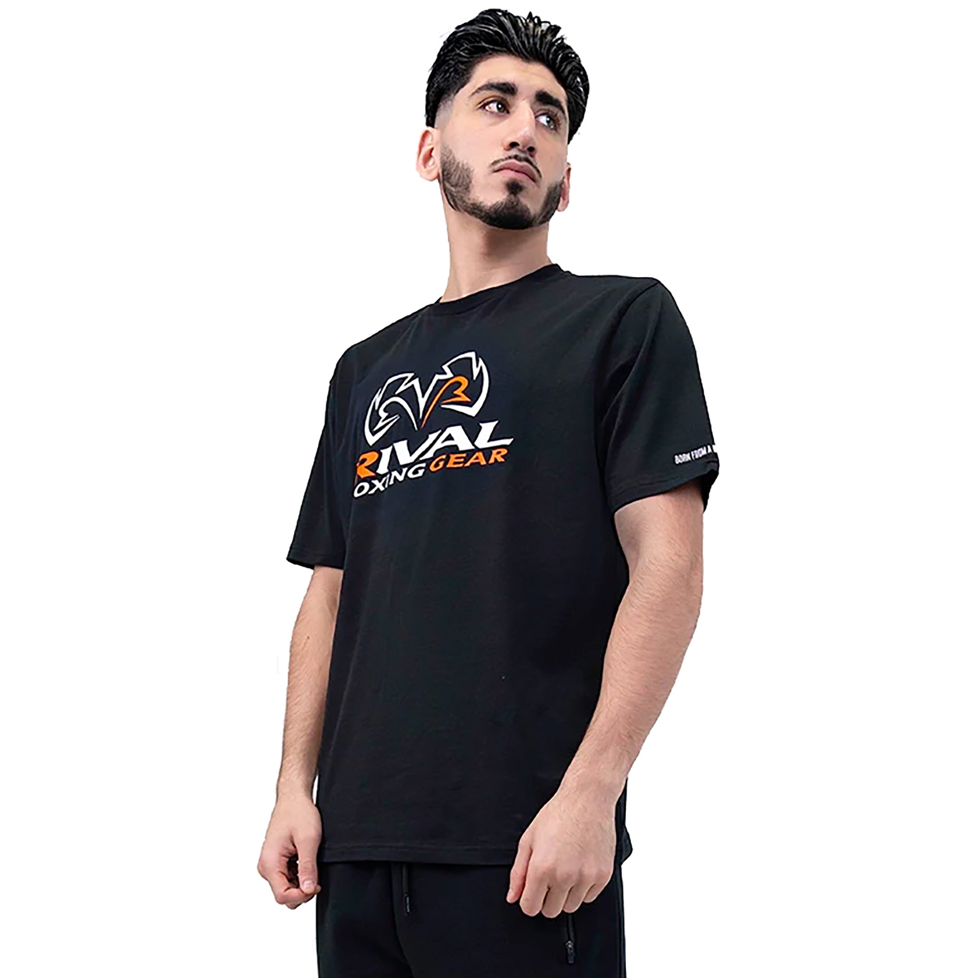 Man wearing a black t-shirt with 'Rival Dining Gear' logo on a white background