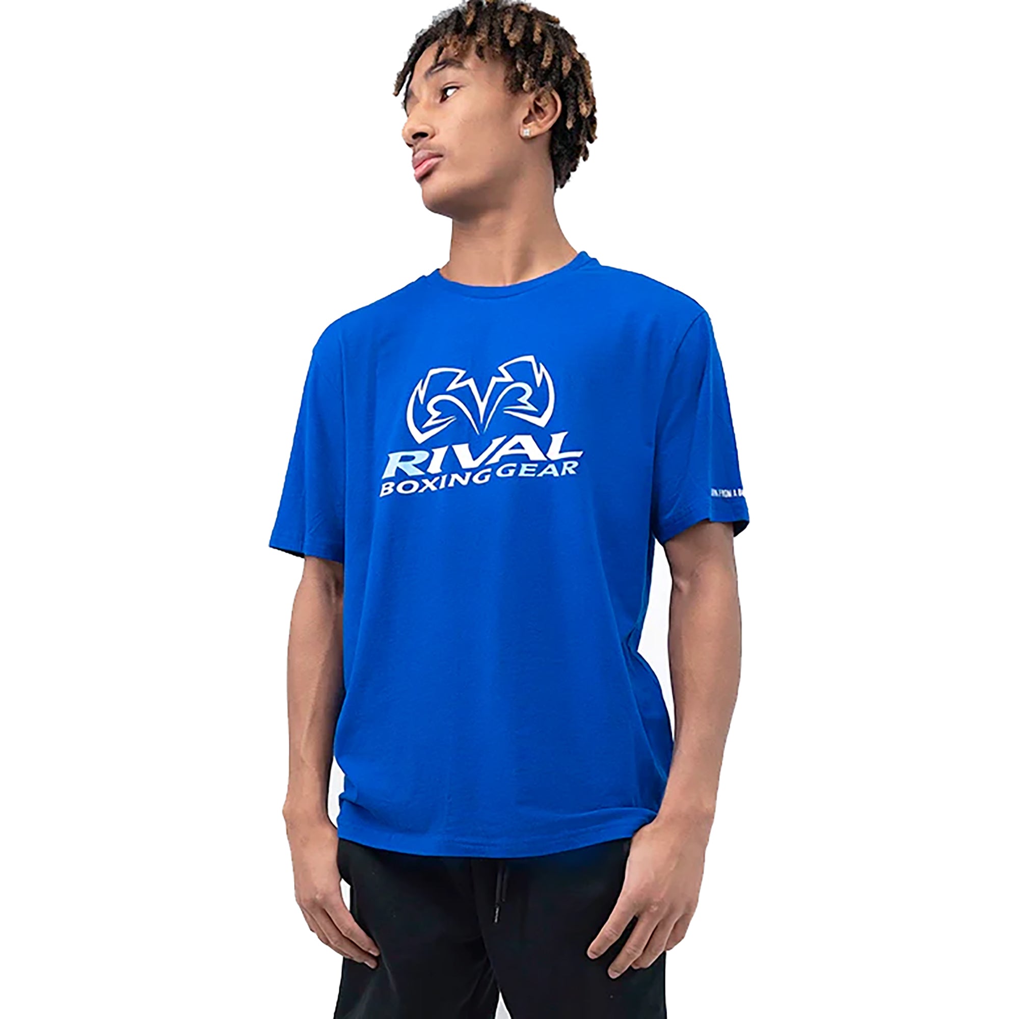 Person wearing a blue 'Rival Boxing Gear' t-shirt on a white background
