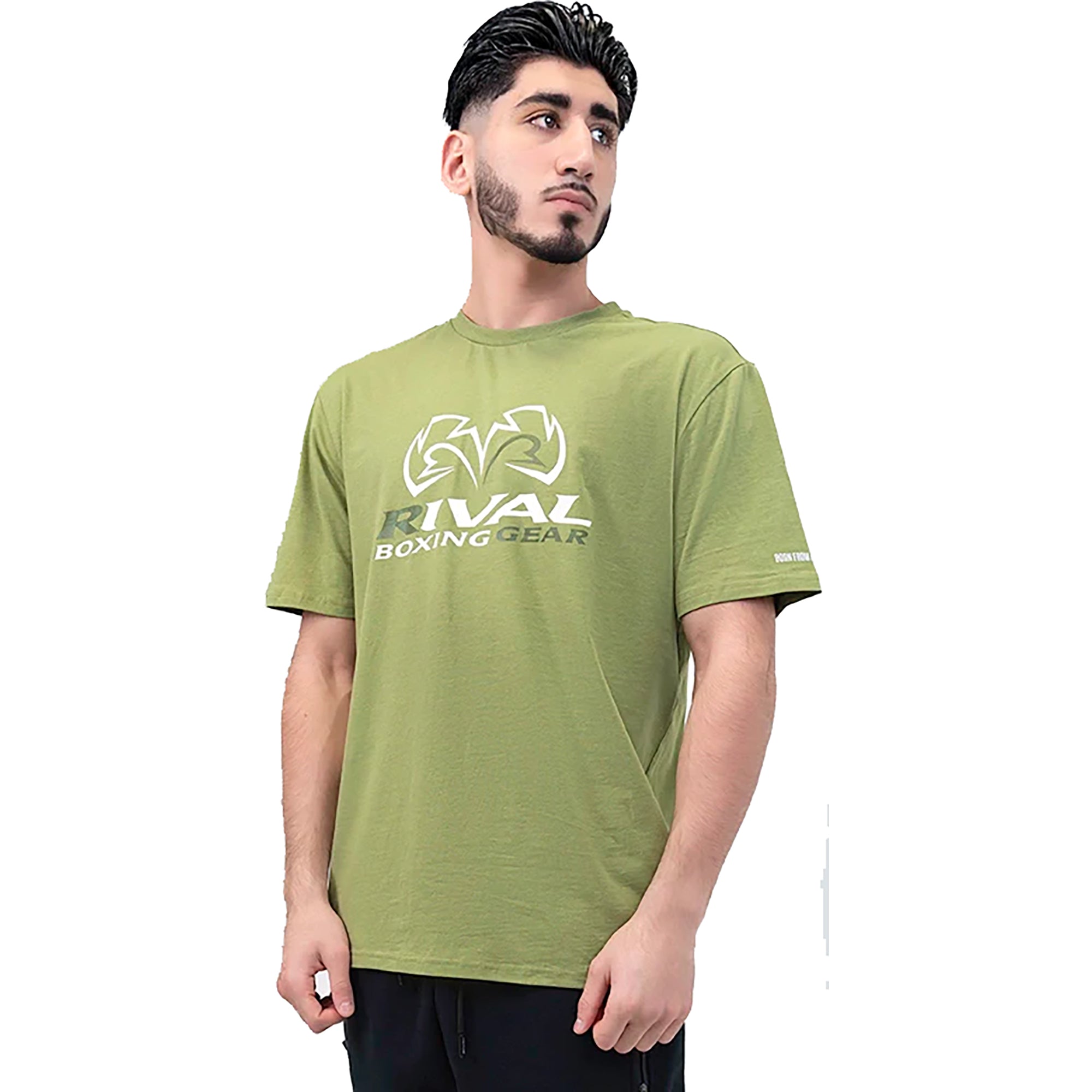 Person wearing a green 'Rival Boxing Gear' t-shirt on a white background