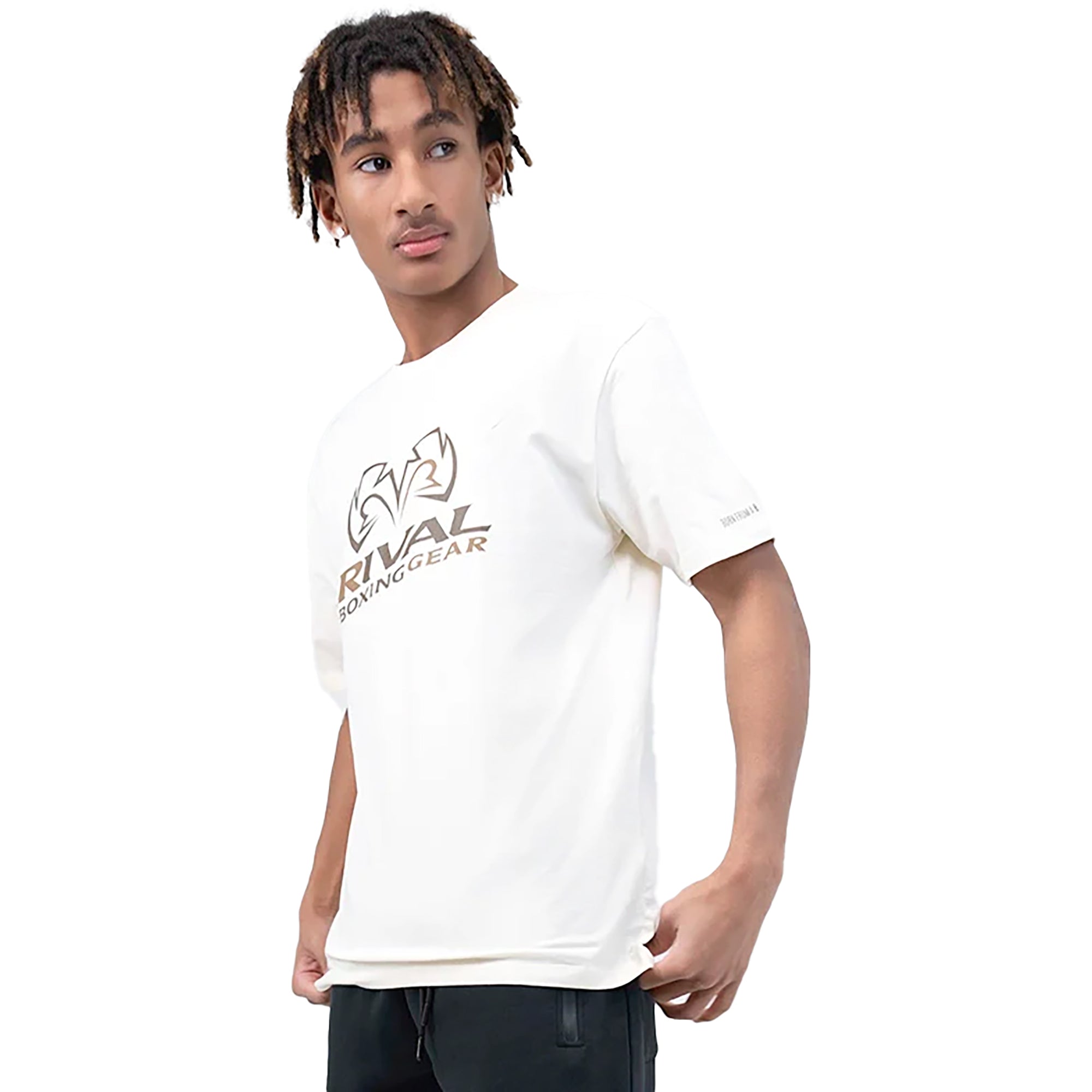 Person wearing a white t-shirt with 'Rival Boxing Gear' logo on a white background
