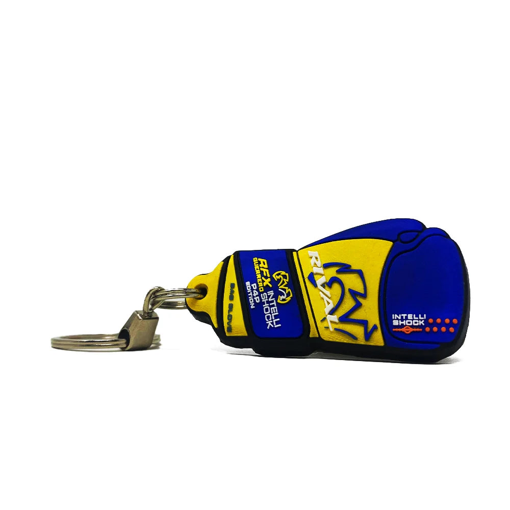 Blue and yellow keychain with branding on a white background